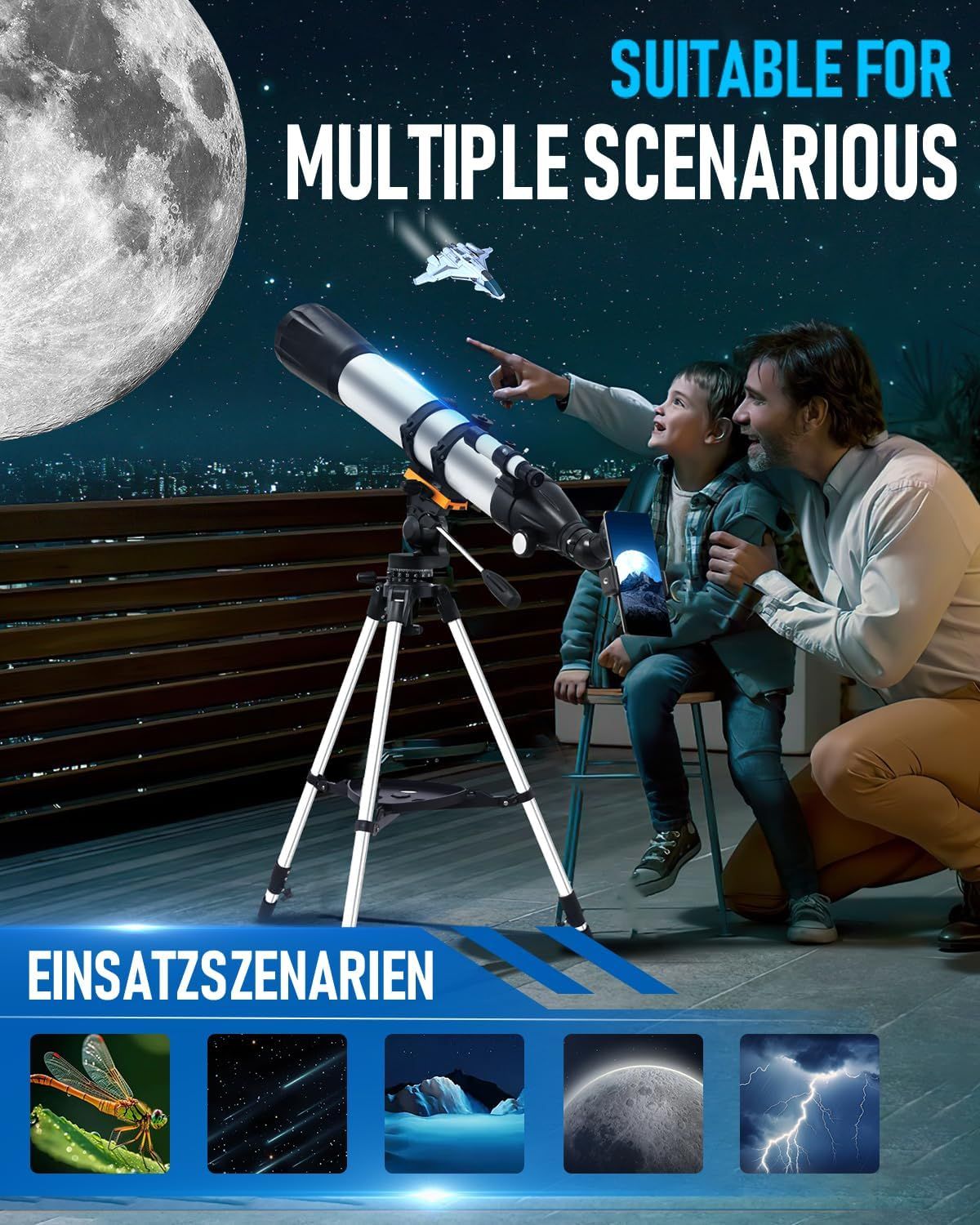 Demonstrates the telescope's versatility by showing it can be used for multiple observation scenarios including nature, stars, planets, moon, and weather phenomena.