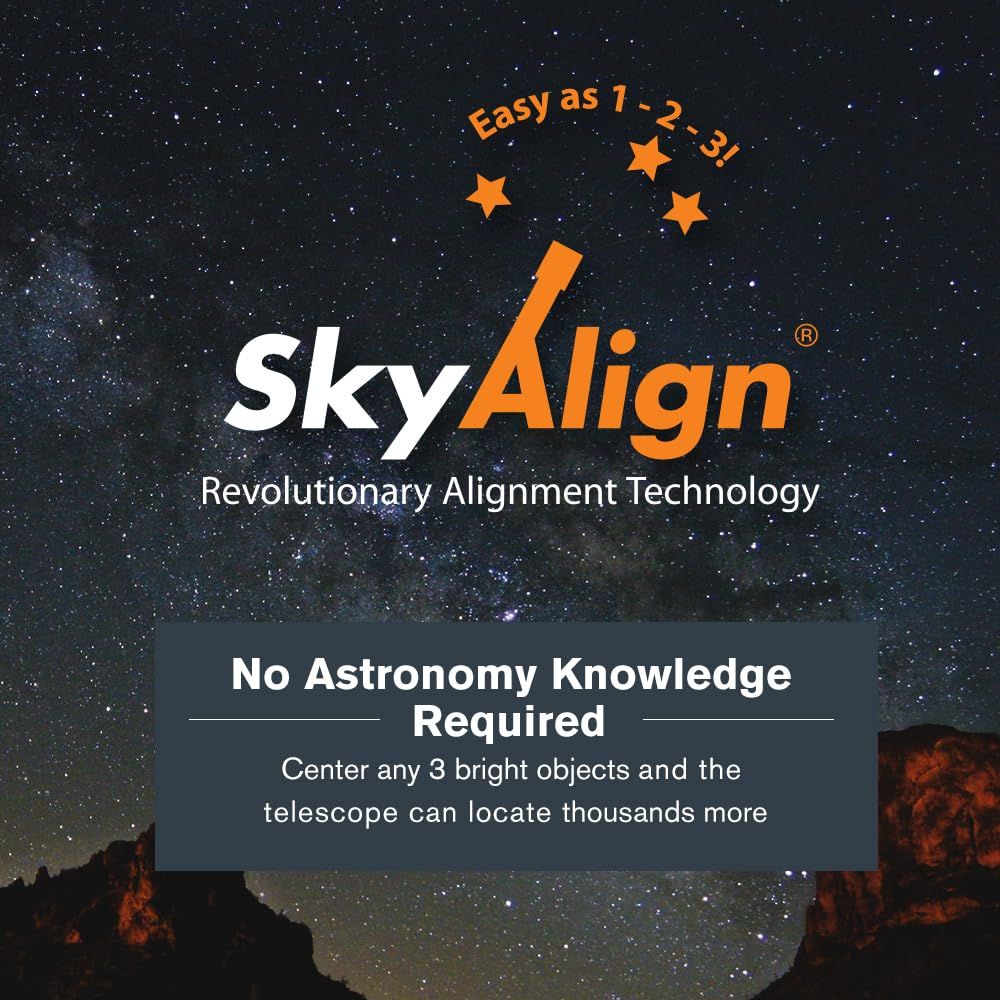 Communicates that the telescope alignment technology is extremely simple to use, requiring no astronomy expertise—just center 3 bright objects and the system does the rest. Reassures shoppers that…