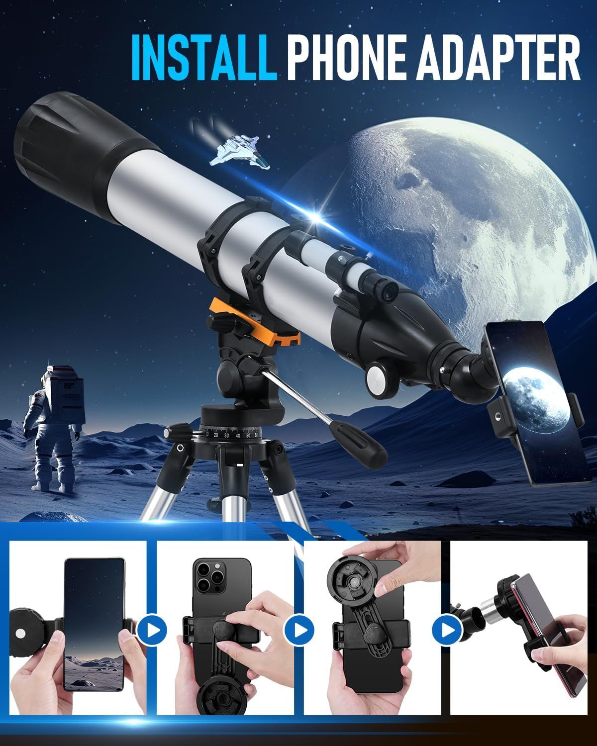 Demonstrates the step-by-step process of installing and attaching a phone adapter to the telescope, showing shoppers how easy it is to set up for smartphone photography.