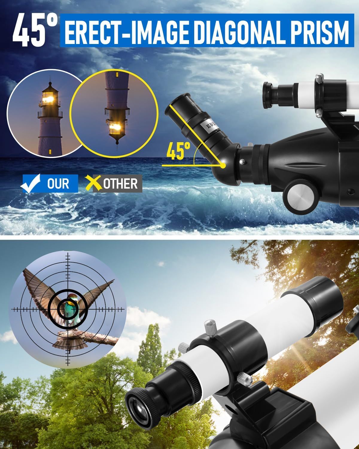 Demonstrates the superior 45-degree erect-image diagonal prism feature compared to competitors, showing how this product provides a correctly oriented upright image while other products do not.…