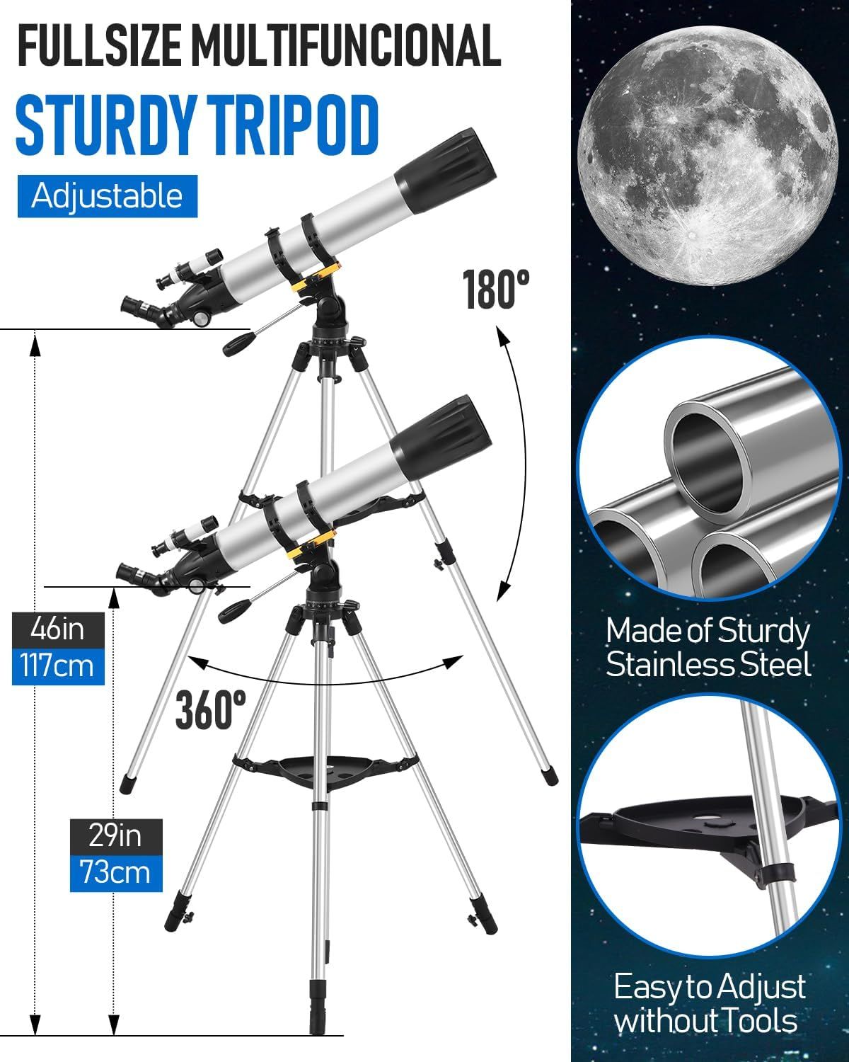 Communicates multiple key benefits of the telescope tripod including its adjustability, rotation capabilities, durable materials, and ease of setup to reassure shoppers of its versatility and quality.