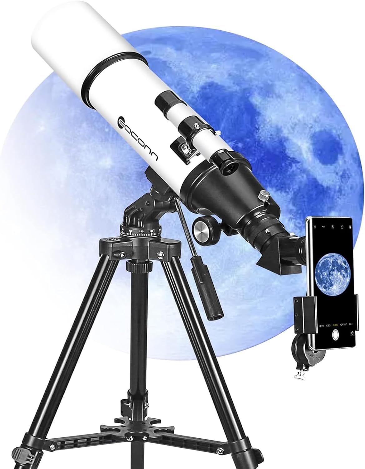 Shows the complete package the customer receives, including the telescope, adjustable tripod mount, and smartphone adapter accessory for capturing images.
