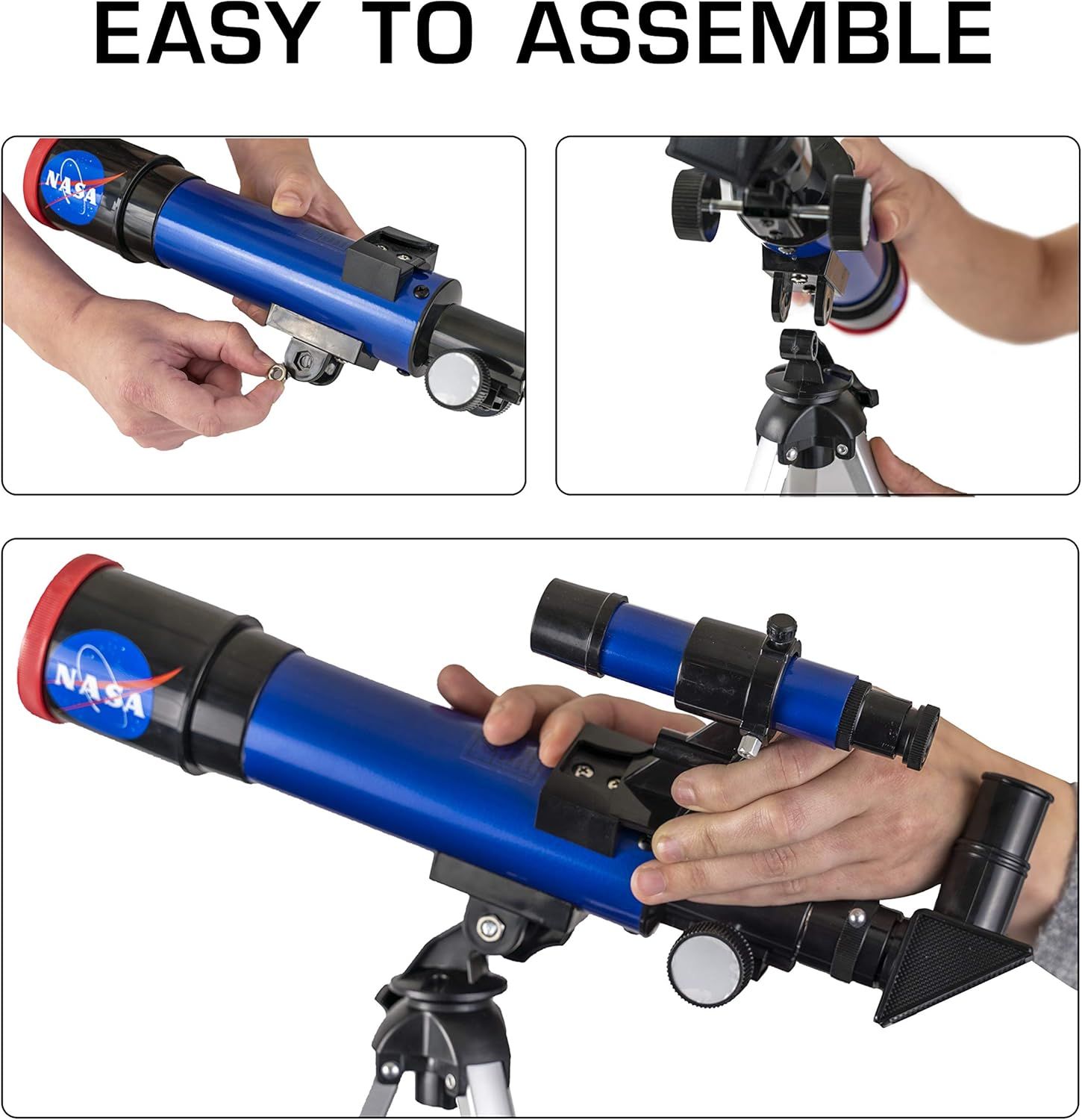 Demonstrates the simple assembly process of the telescope to reassure shoppers that setup is quick and straightforward, even for beginners. Highlights the product's ease of assembly as a key benefit…