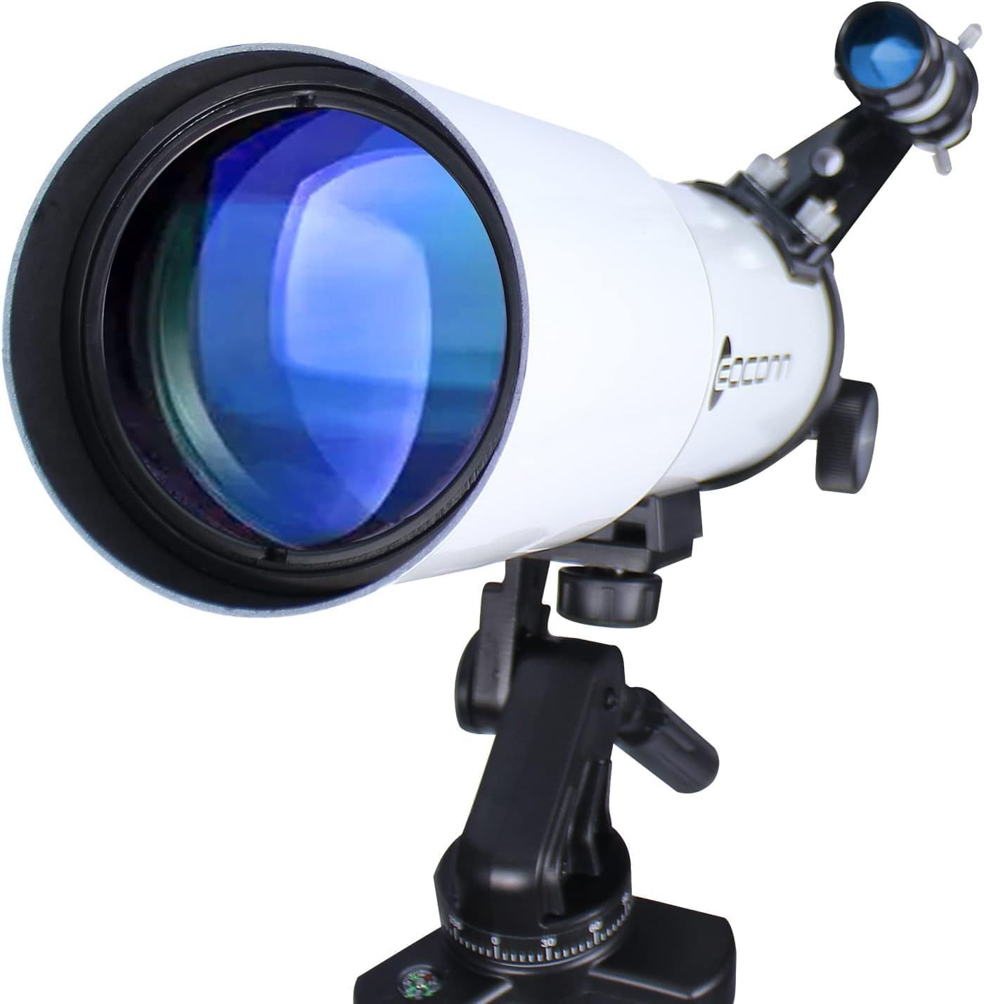 Provides a clean, catalog-style view of the telescope showing its physical appearance, lens quality, and mounted configuration without distractions.