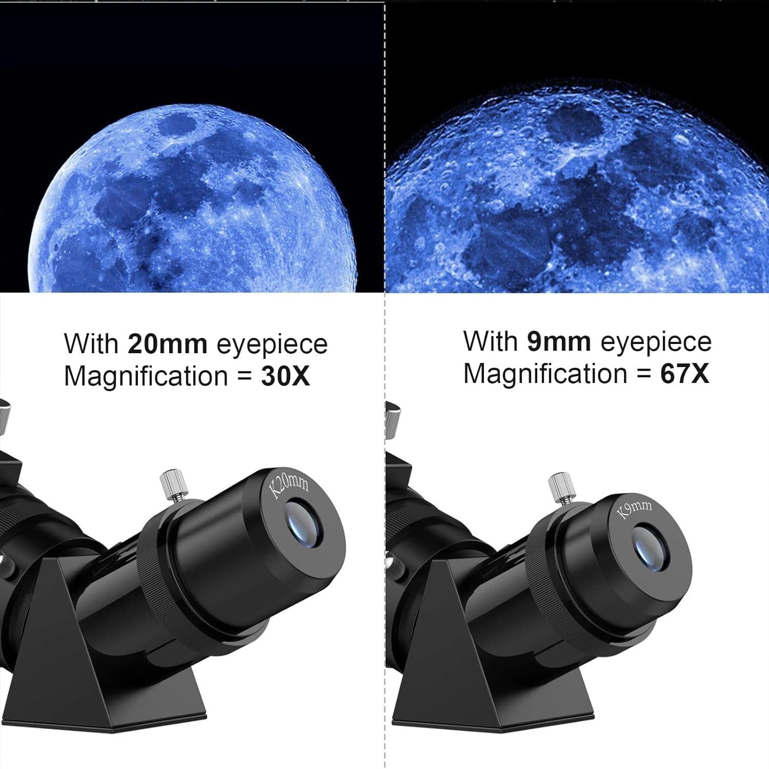 Demonstrates the visual difference between two eyepiece options (20mm vs 9mm) to help shoppers understand the magnification capabilities and choose the right eyepiece for their viewing needs.