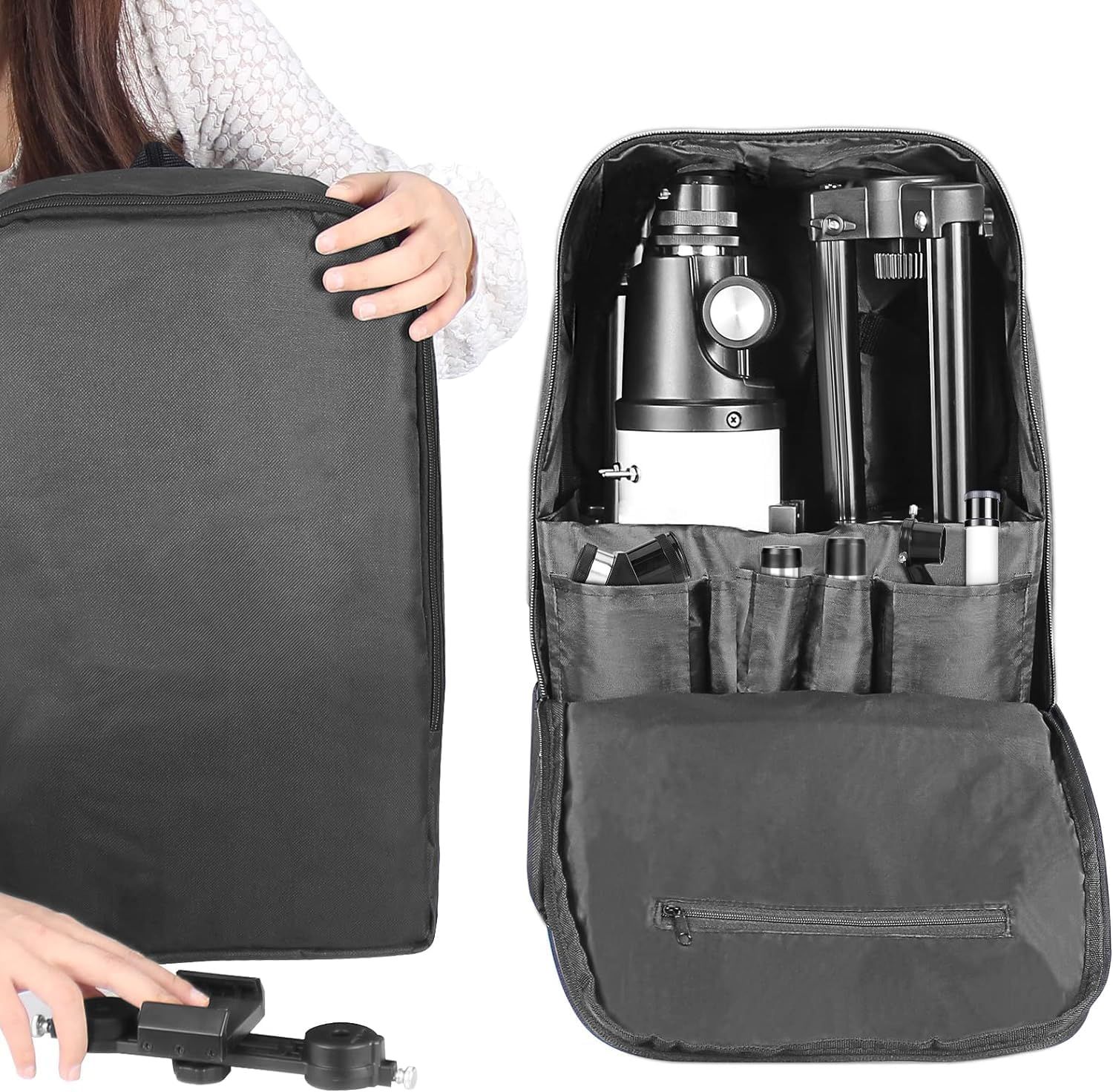 Shows all the components included with the telescope purchase, demonstrating the complete kit with organized storage to reassure buyers they're getting everything needed.