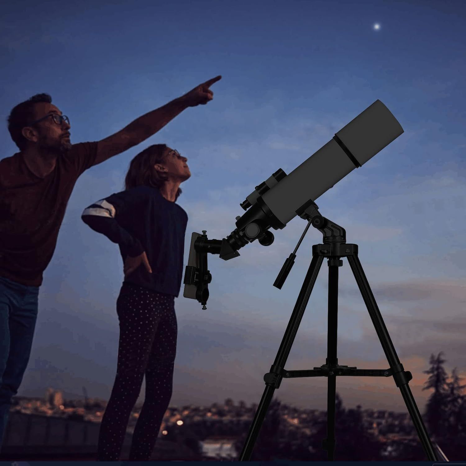 Demonstrates the telescope in a real-world evening use scenario with a parent and child stargazing together, creating an emotional connection and showing the product's ability to facilitate shared…