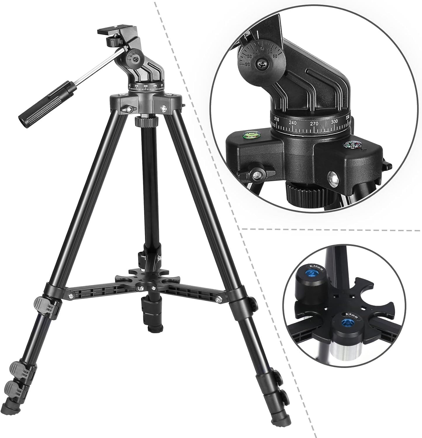 Highlights the key structural components of the tripod—the precision pan head with degree markings and the bubble level base—to demonstrate the product's professional-grade features and stability.