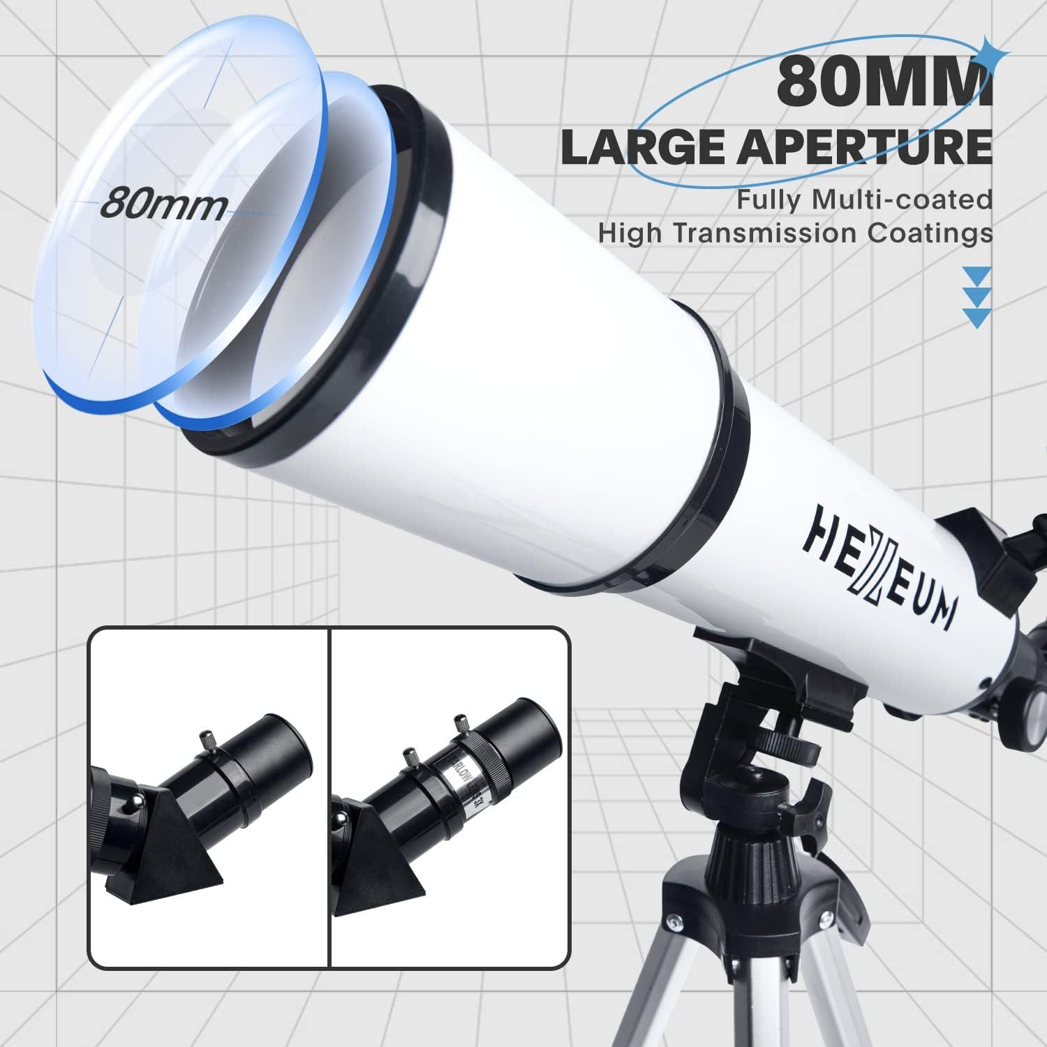 Highlights the telescope's key optical specifications—the 80mm aperture size and high-transmission coatings—to communicate superior light-gathering capability and image clarity for astronomy…