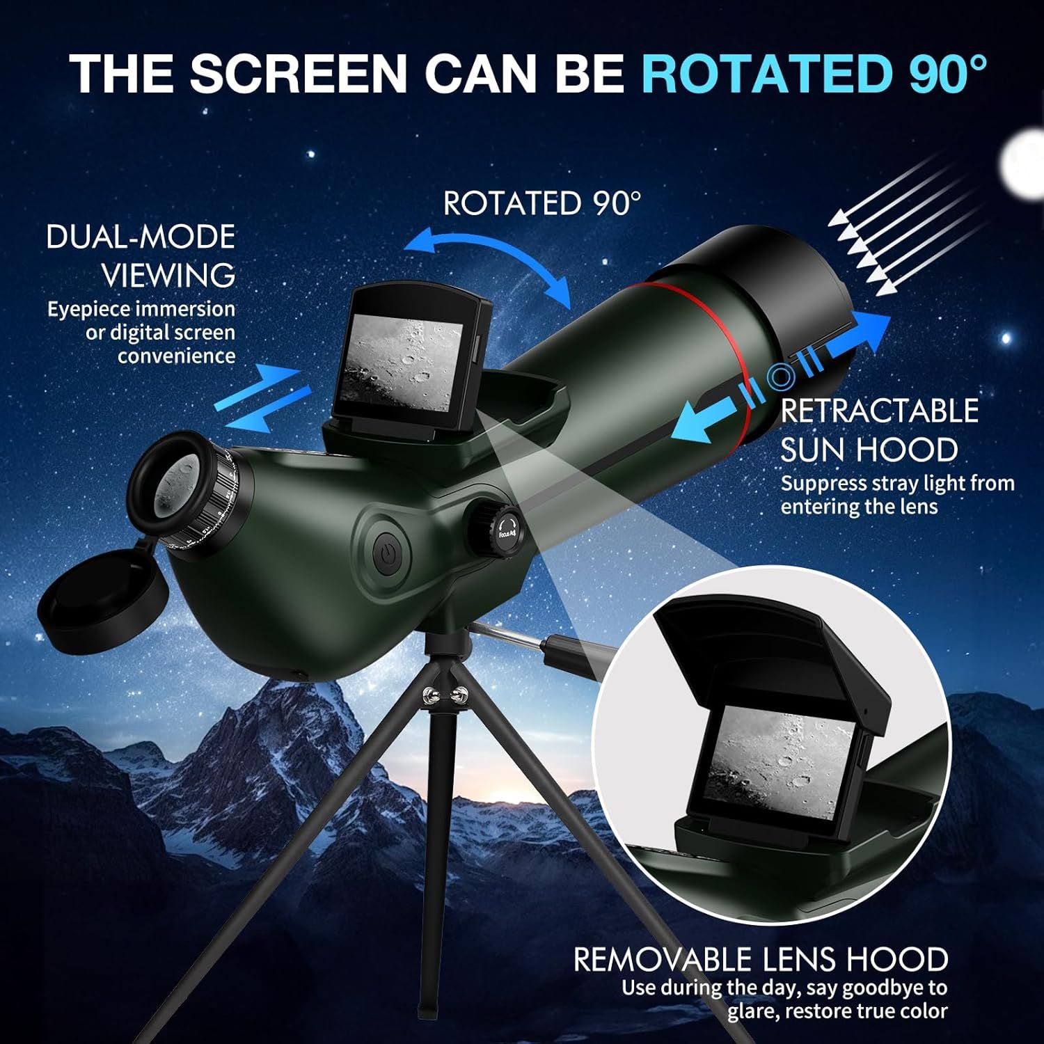 This image breaks down the key physical components and features of the telescope/spotting scope, using arrows and callouts to highlight the rotatable screen, retractable sun hood, removable lens…