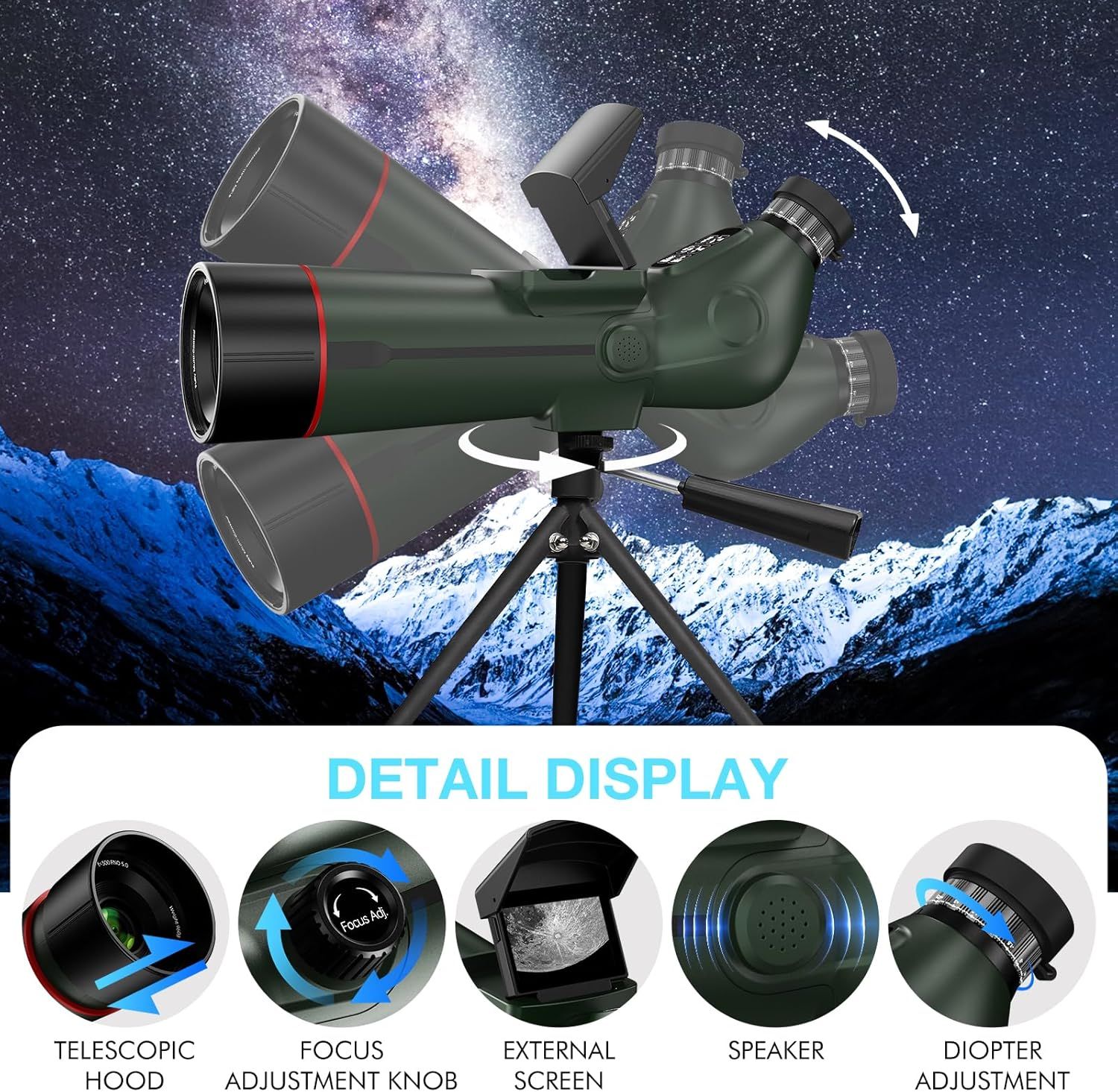 This image breaks down the physical components and parts of the telescope/spotting scope, helping shoppers understand the product's construction and key functional areas.