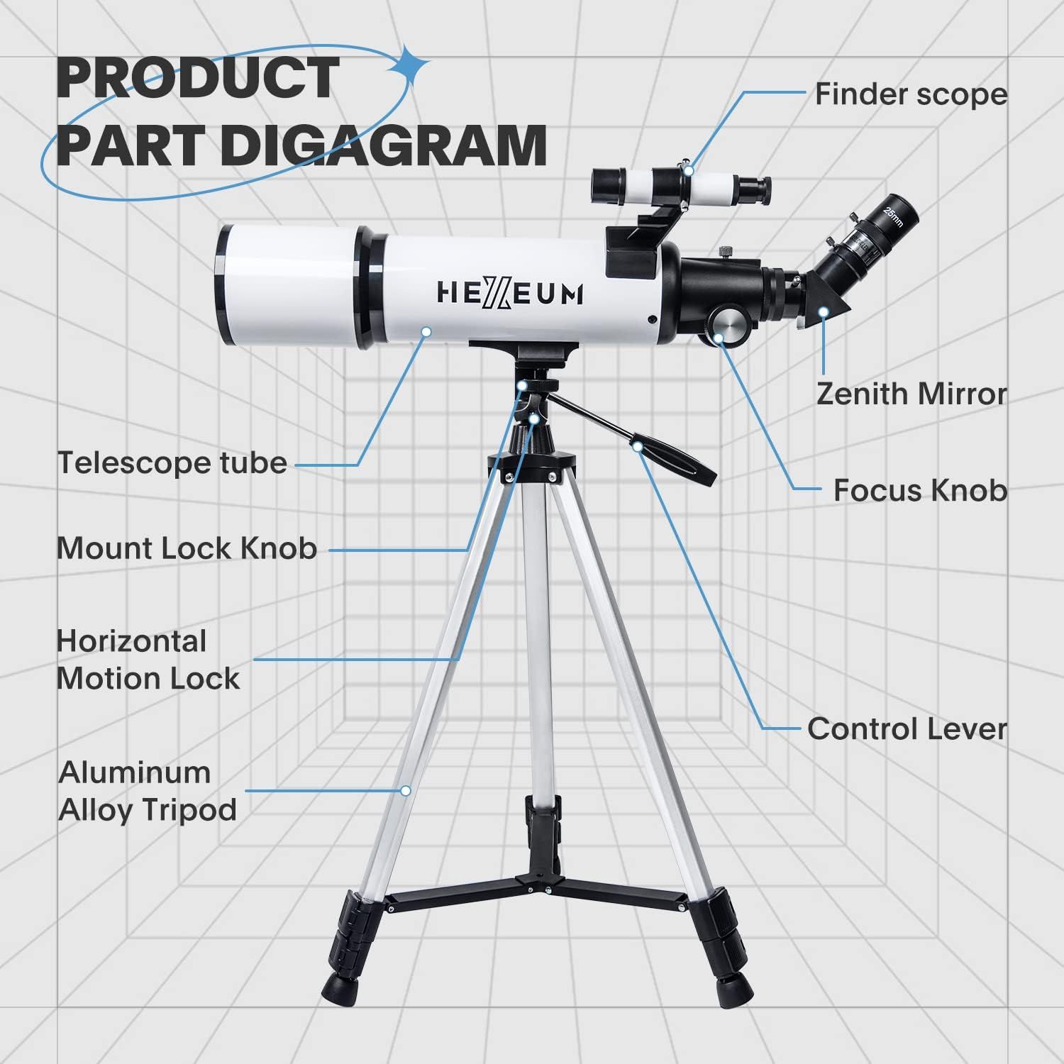 This image breaks down the telescope's physical components with labeled callouts to help shoppers understand the structure and parts of the product before purchase.