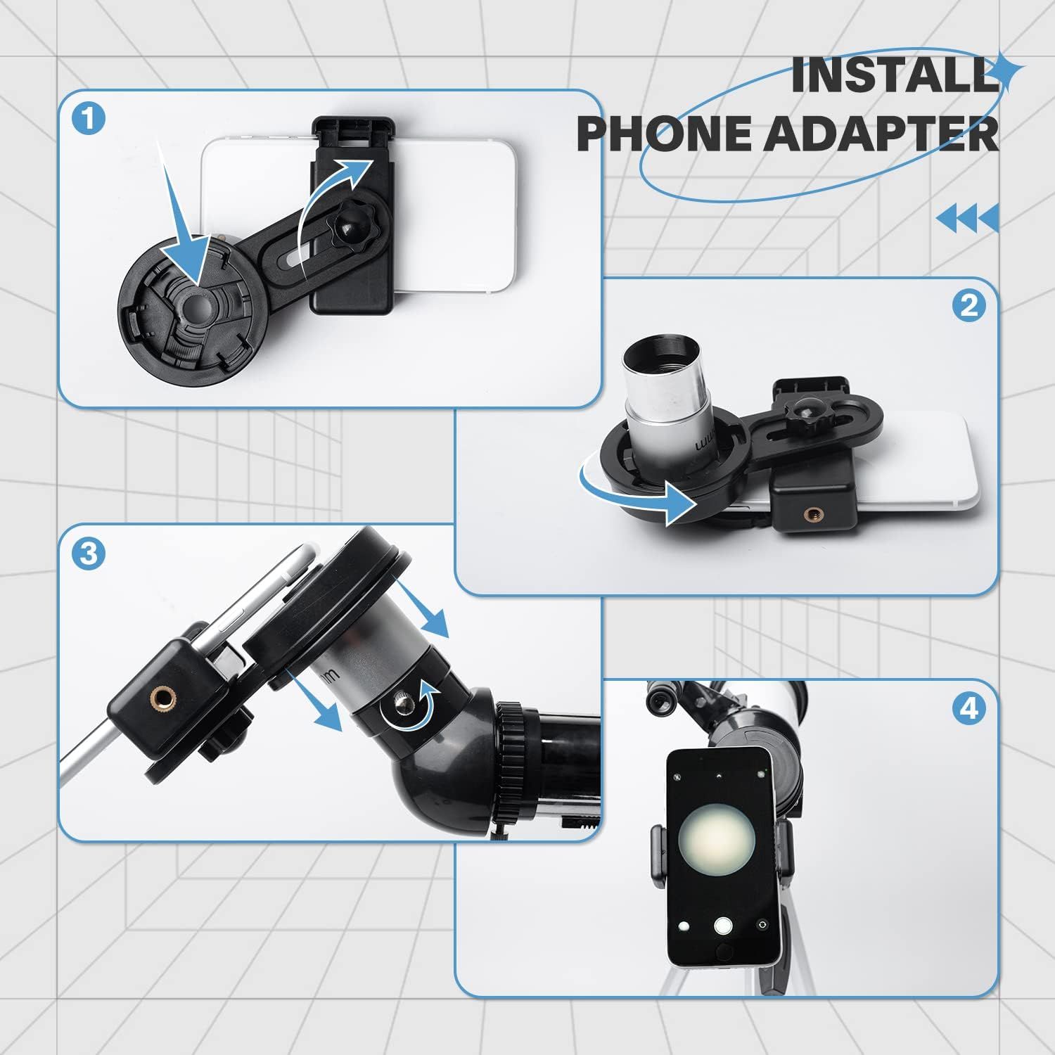 This image provides step-by-step instructions for installing a phone adapter to a telescope or optical device, showing shoppers how to set up and use the product correctly.