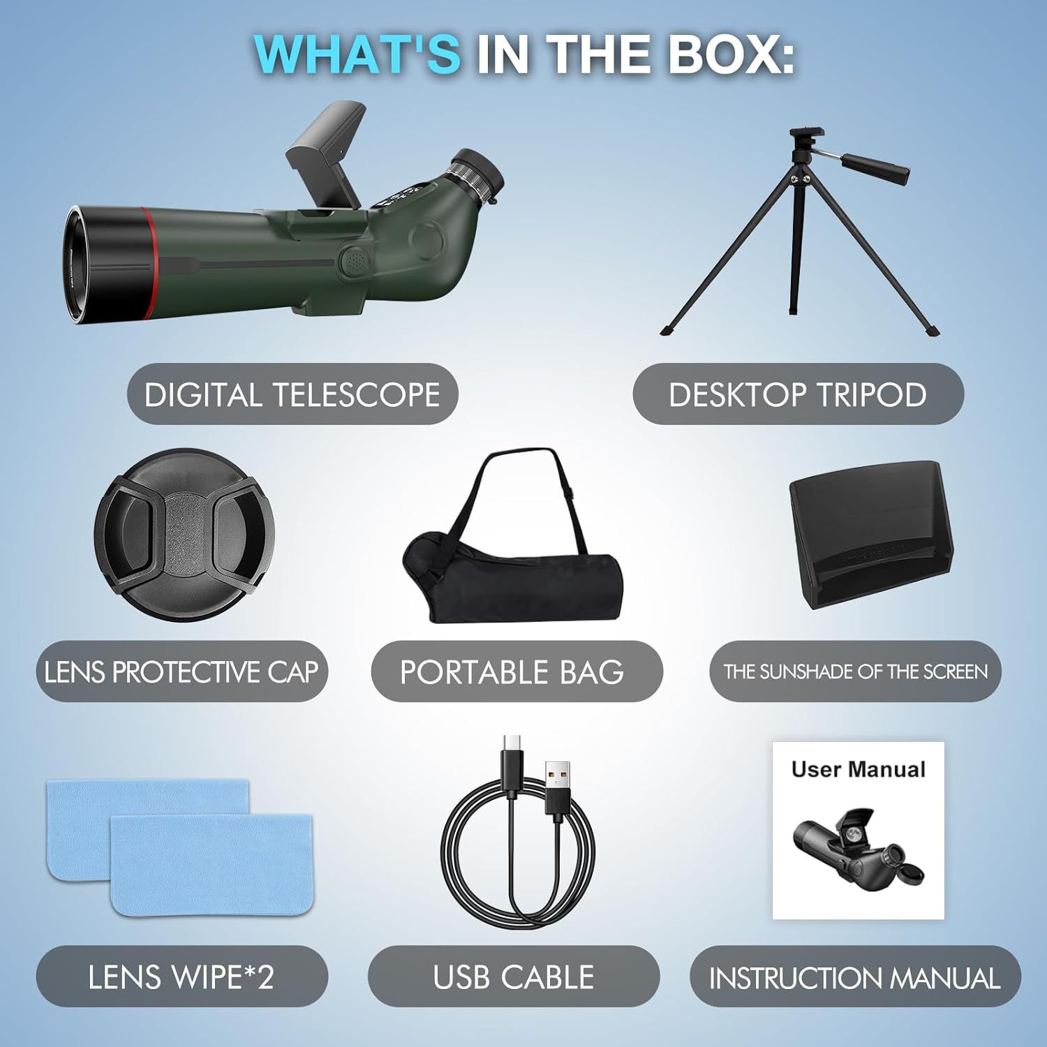 Shows all items included with the digital telescope purchase to help shoppers understand the complete value of the bundle, including the telescope, tripod, protective accessories, carrying bag, and…