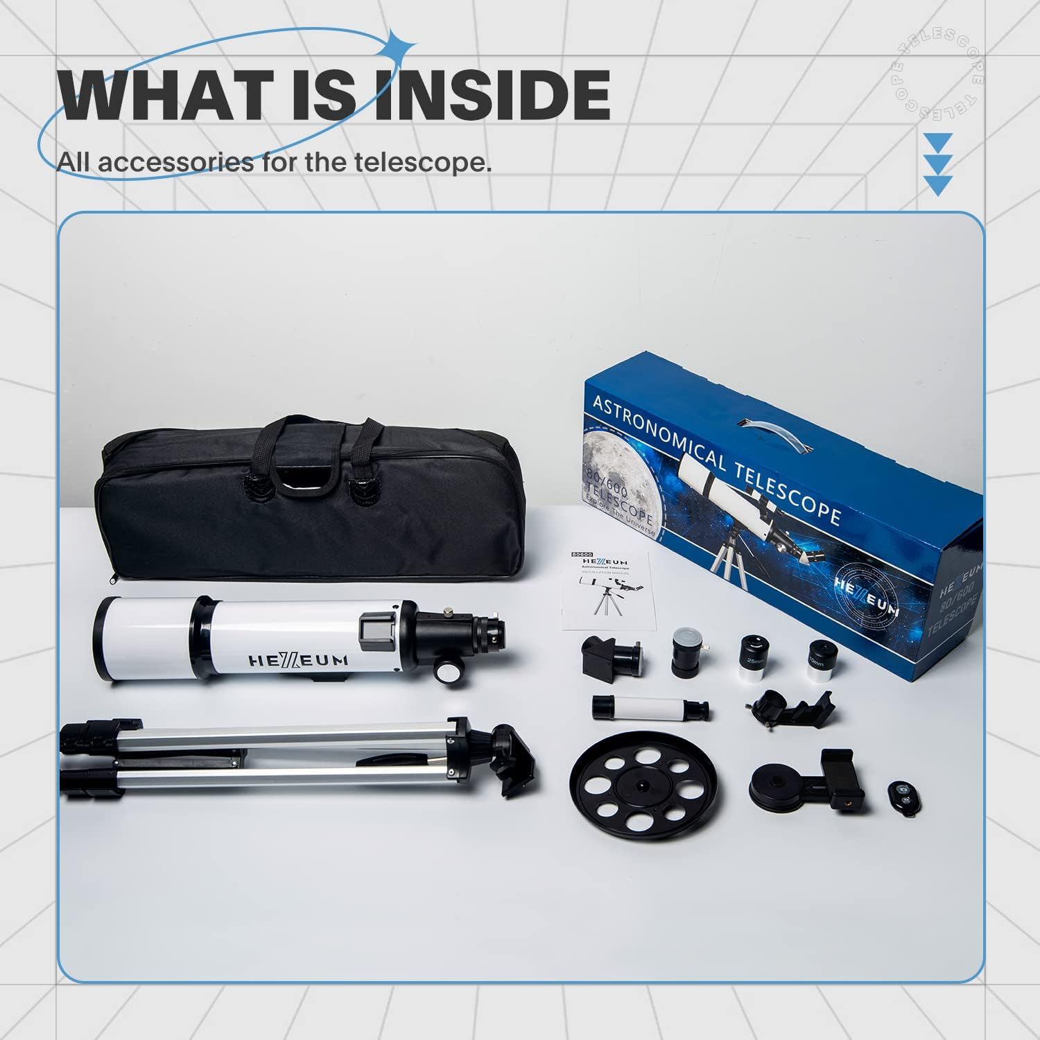Shows the customer everything included in the telescope package—the telescope, tripod, carrying case, lenses, and various accessories—to demonstrate the complete value and readiness of the kit.