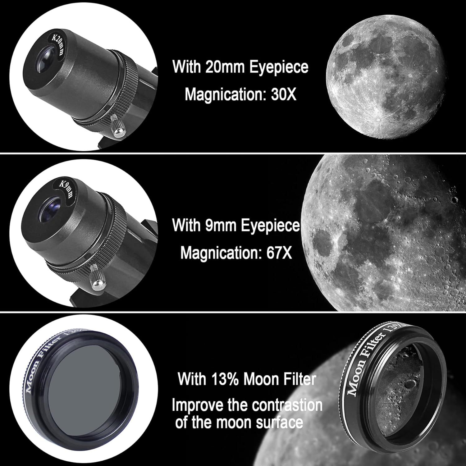 Demonstrates the product's versatility by showing three distinct configurations with different eyepieces and magnification levels, plus a moon filter accessory to improve viewing quality.
