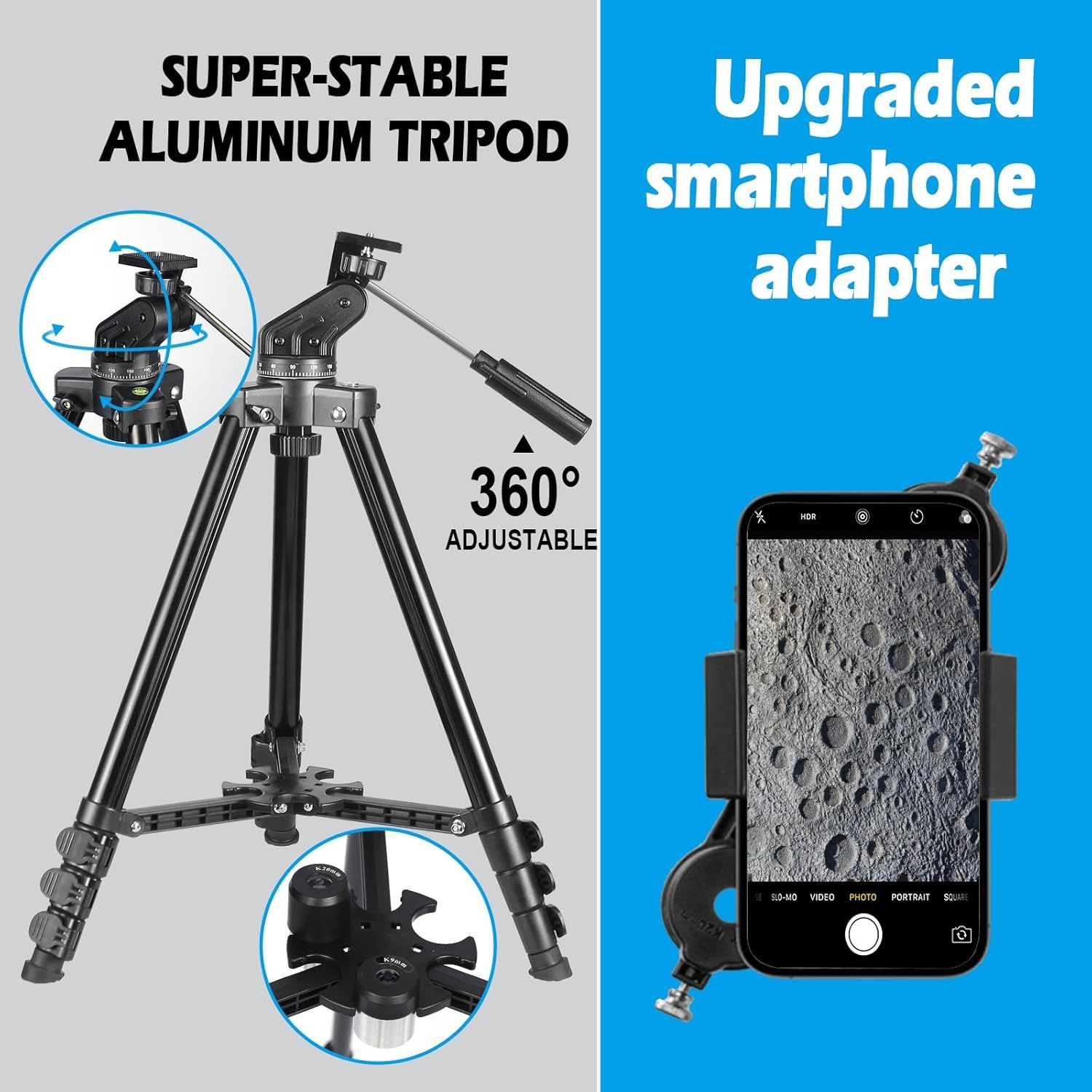 Communicates multiple distinct product benefits in a segmented layout: the tripod's stability and 360° adjustability on the left, and the upgraded smartphone adapter compatibility on the right,…