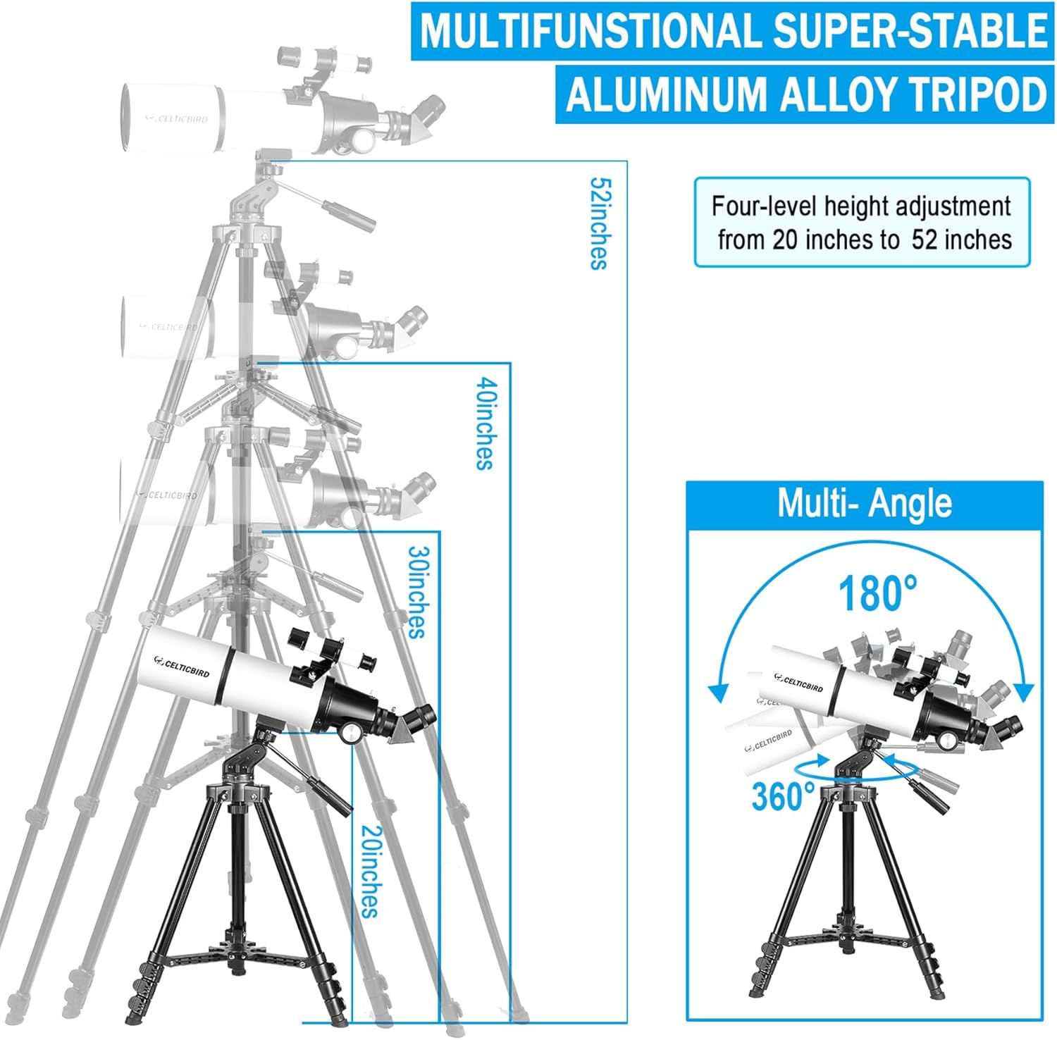 Communicates multiple key features of the tripod in a segmented layout, highlighting its adjustable height range, multi-angle capabilities, and premium aluminum alloy material to demonstrate…