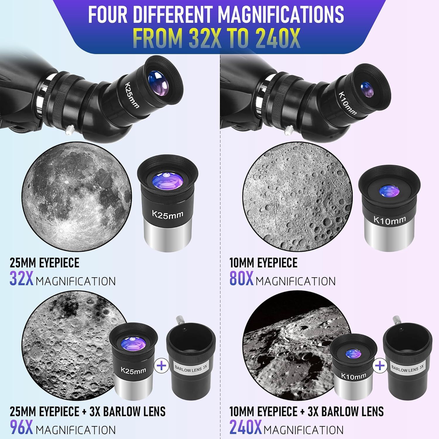 Communicates the impressive magnification capabilities of the telescope across four different eyepiece configurations, emphasizing the product's versatility and powerful optical performance. Shows…