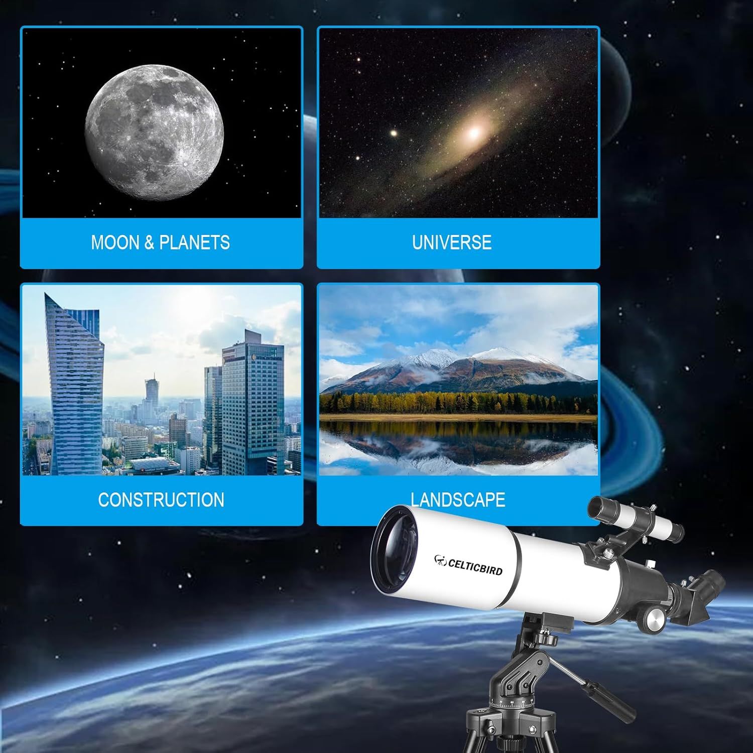 Demonstrates the telescope's versatility by showing four distinct viewing scenarios—astronomy, deep space, urban environments, and nature—to communicate that this product works across multiple…