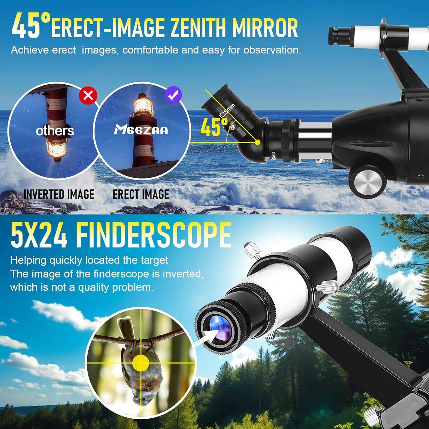 Communicates two distinct technical features of the telescope: the 45-degree erect-image mirror that provides comfortable viewing with correct orientation, and the 5x24 finderscope that helps locate…