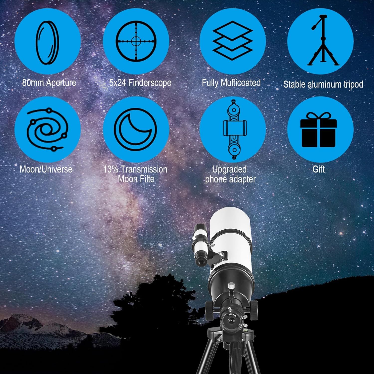 Showcases multiple technical specifications and features of the telescope in a visually segmented grid layout to communicate the product's comprehensive capabilities and value to astronomy…