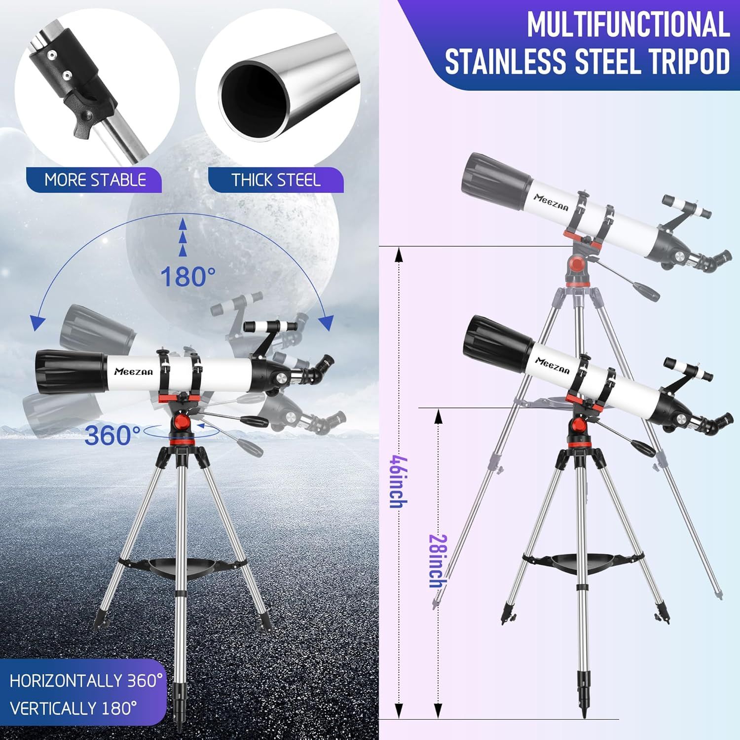 Communicates the telescope tripod's multiple functional benefits including full rotation capability, vertical adjustment range, durable steel construction, and height adjustability to demonstrate…