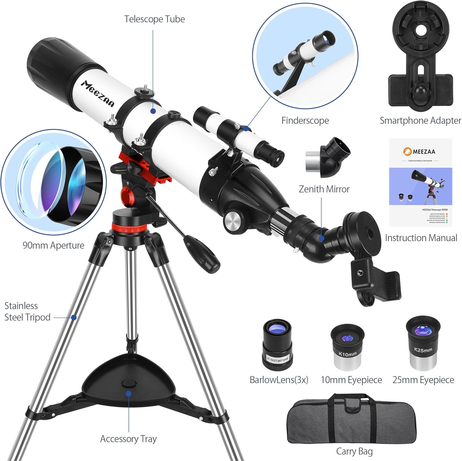 Shows all components included with the telescope purchase, helping shoppers understand the complete value and everything they receive in the package.