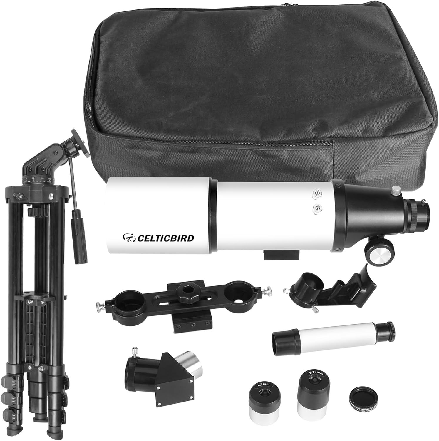 Shows everything included in the purchase—telescope, tripod, carrying case, eyepieces, and mounting accessories—to help shoppers understand the complete value and contents of the kit.