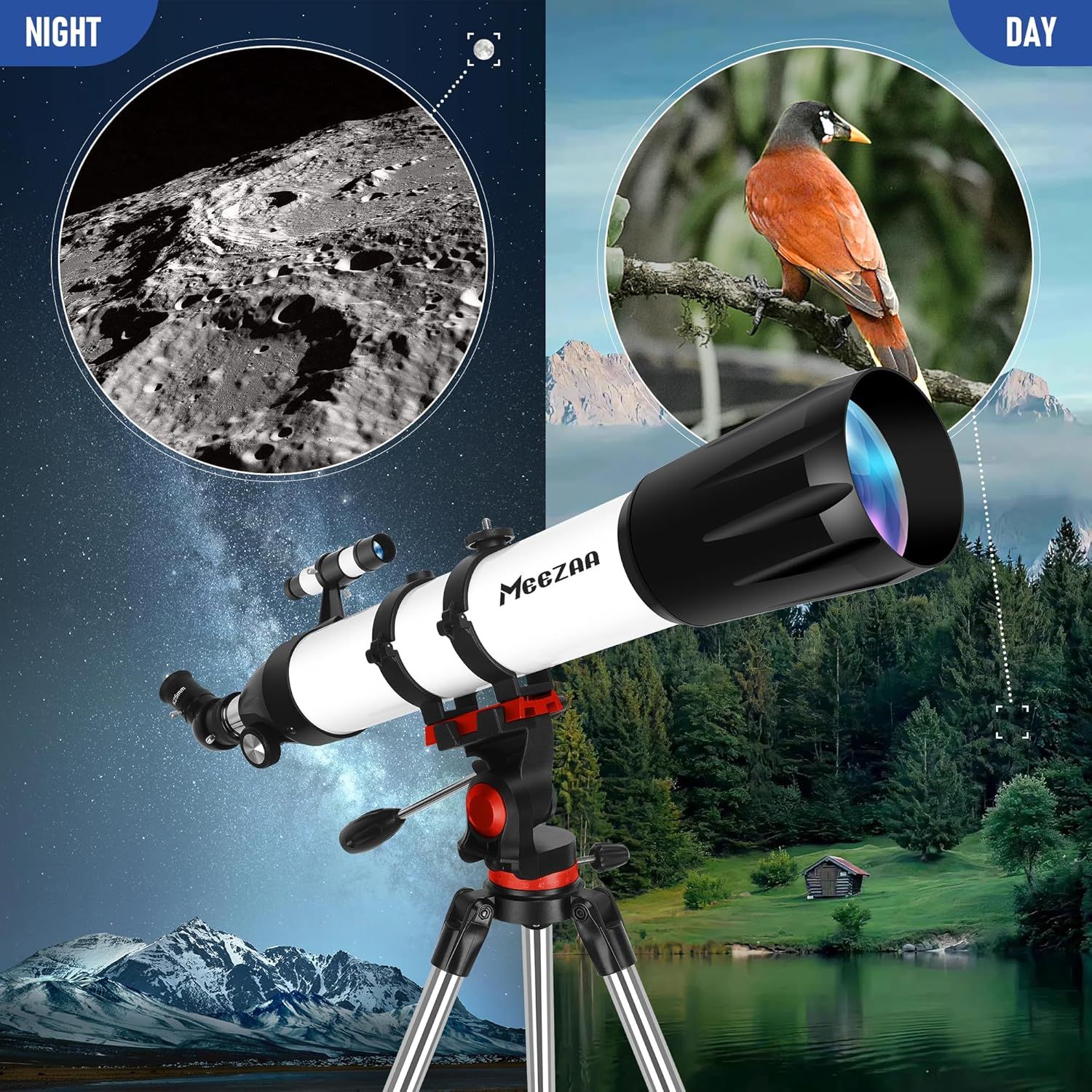 Demonstrates the telescope's versatility by showing two distinct use cases: nighttime astronomy for viewing celestial objects like the moon, and daytime wildlife observation for viewing birds and…