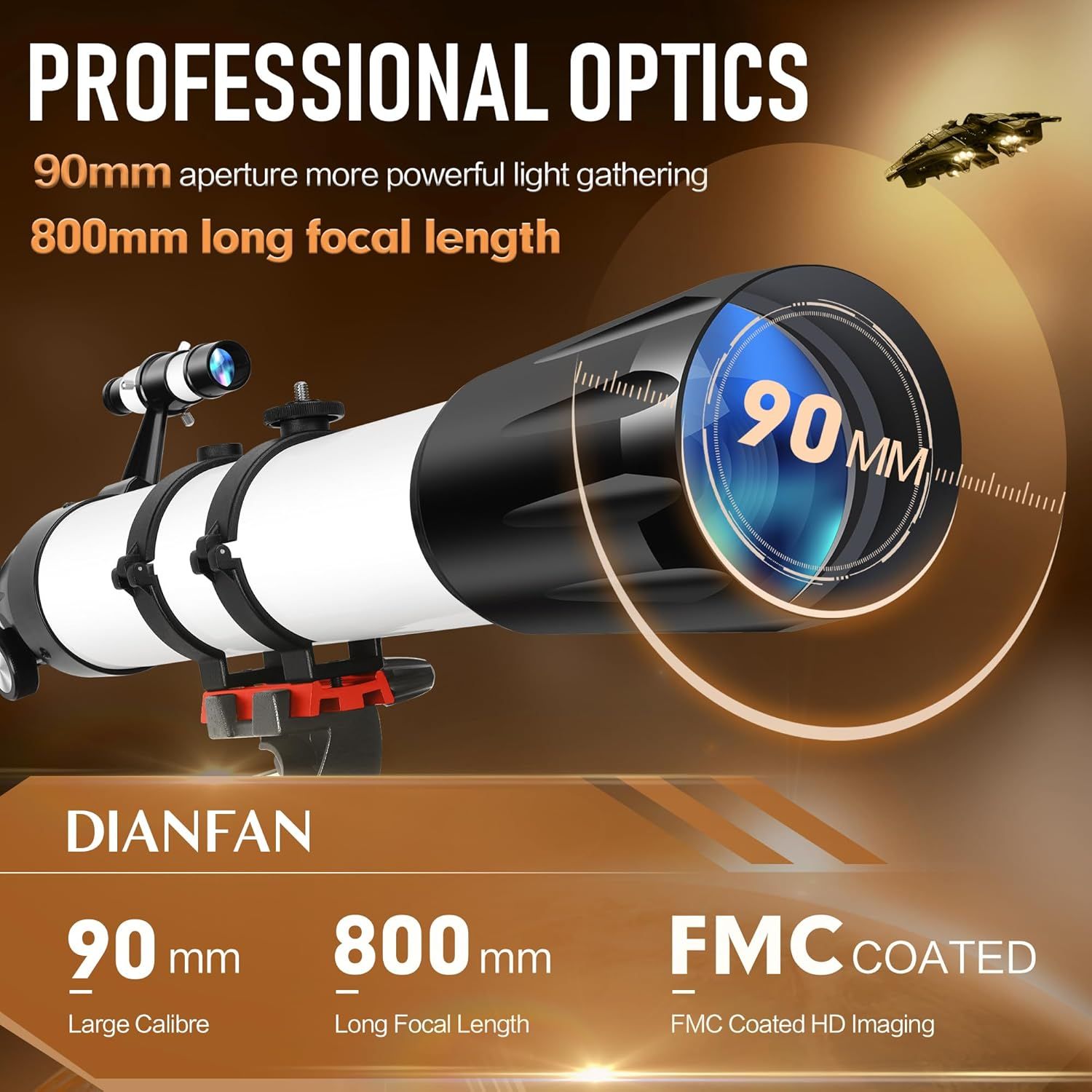 Communicates the professional-grade optical specifications of the telescope across three distinct technical benefits: large aperture for light gathering, long focal length for magnification, and FMC…