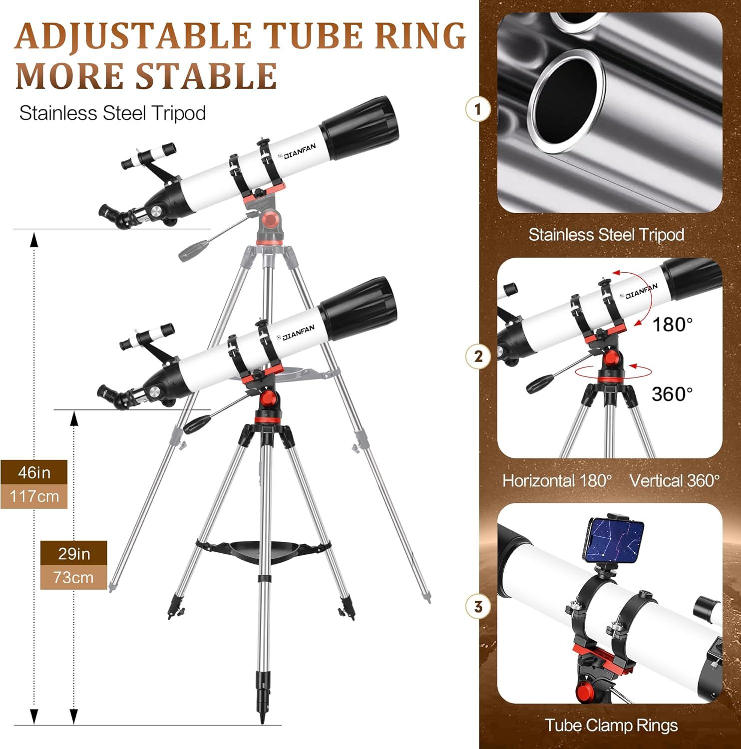 This image breaks down the telescope's key physical components and adjustment features, highlighting the stainless steel construction, adjustable tube ring for stability, rotation capabilities, and…
