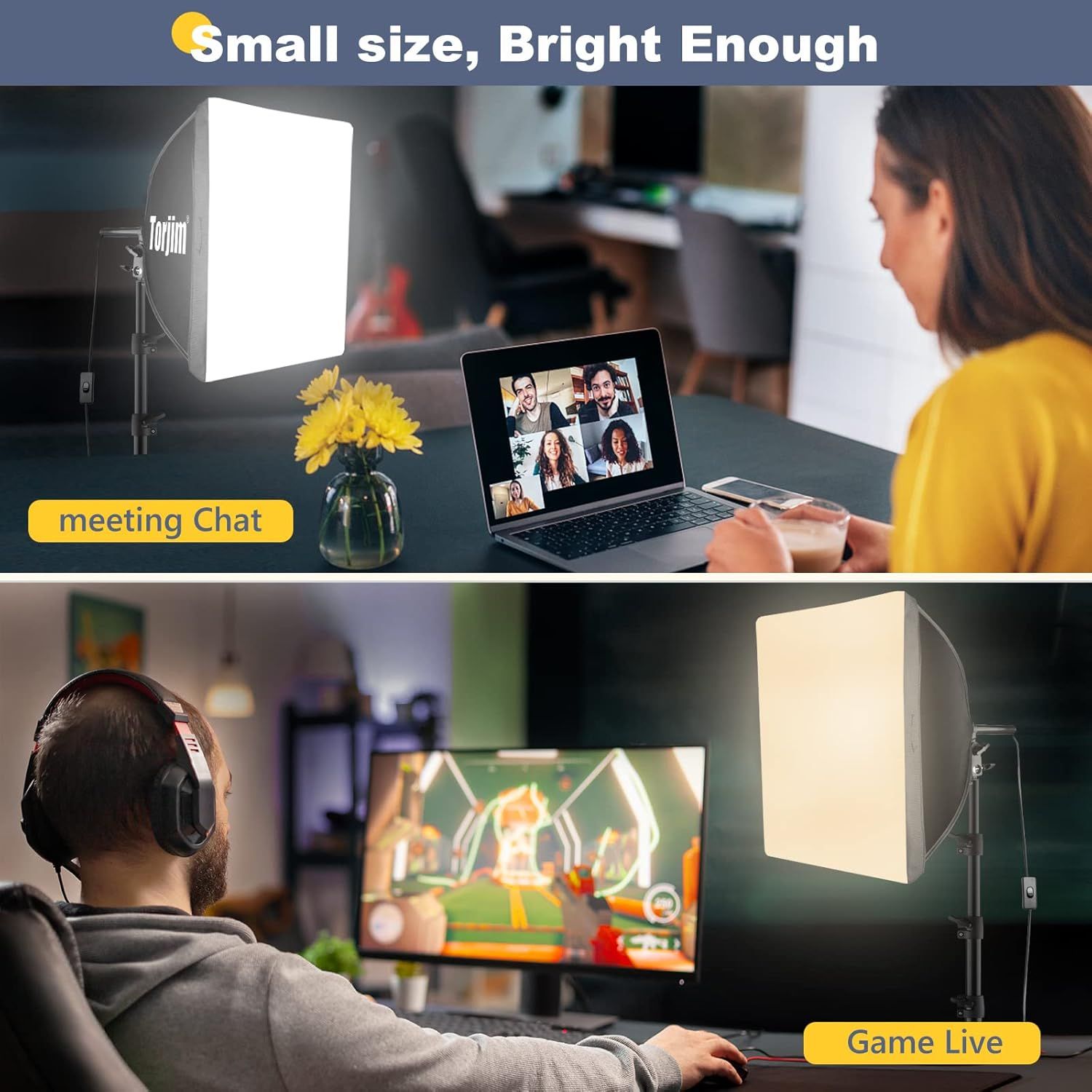 Demonstrates the product's versatility by showing two distinct use cases: professional video meetings and gaming/live streaming, reassuring shoppers that the lighting works for multiple scenarios.