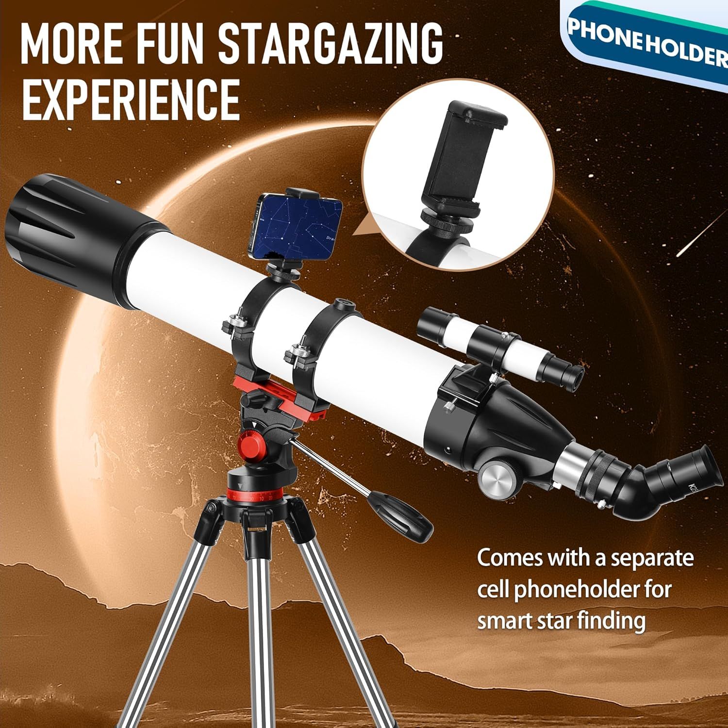 Shows that the telescope comes with a separate cell phone holder accessory for smart star finding, helping shoppers understand what's included in the package. Highlights the enhanced stargazing…