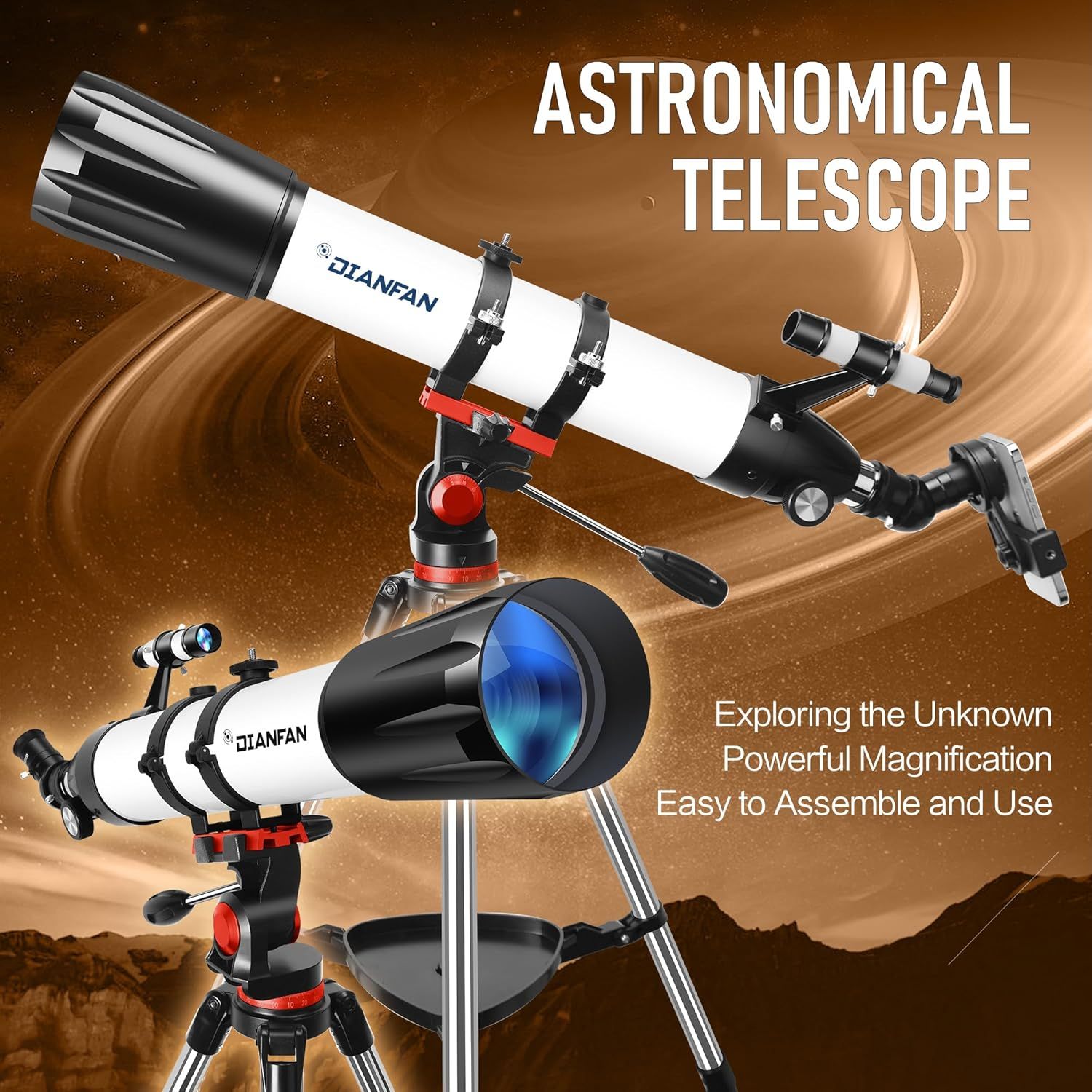 Communicates multiple key benefits of the telescope including its magnification power, ease of assembly, and exploration capabilities to appeal to astronomy enthusiasts.