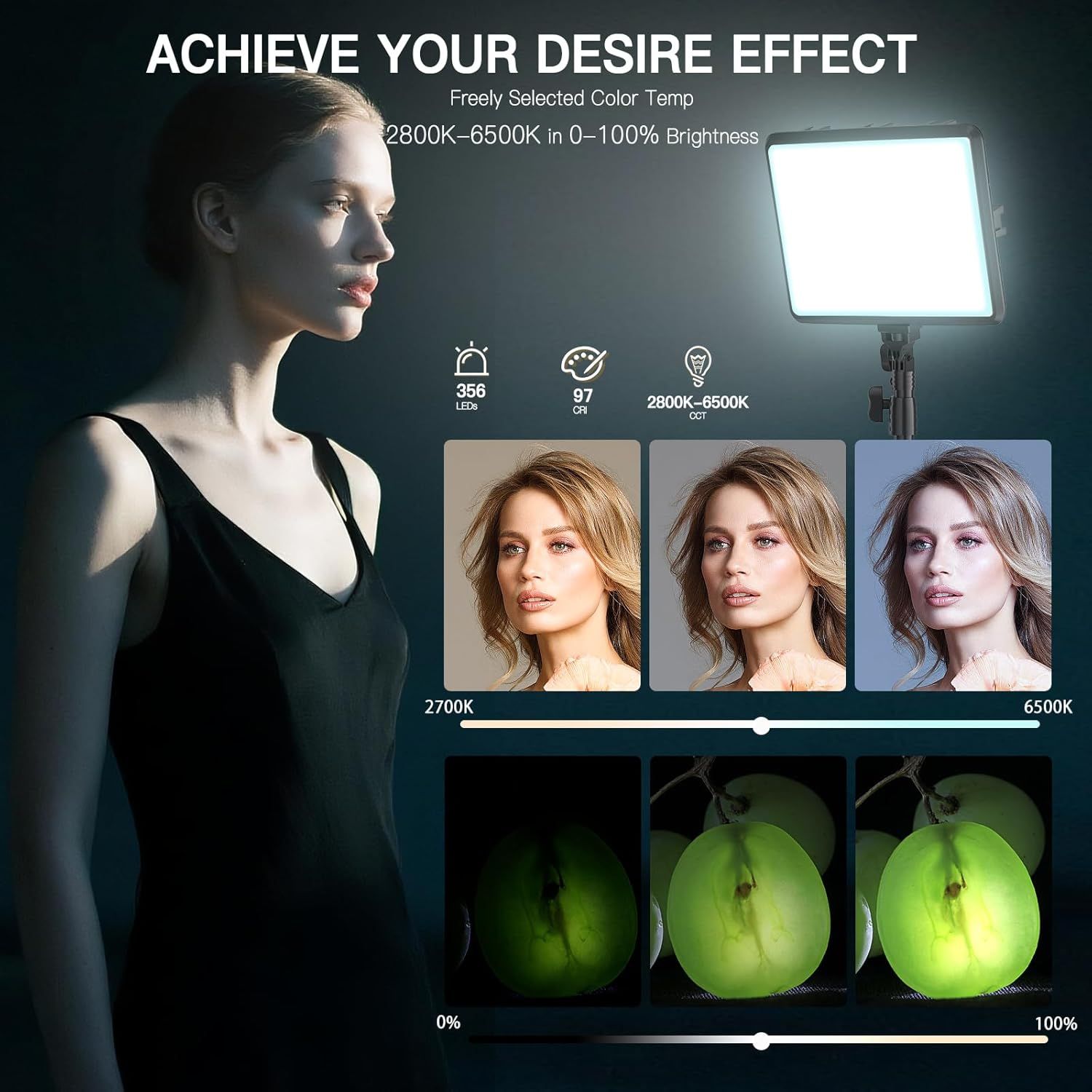 Demonstrates the lighting panel's versatility with adjustable color temperature (2800K-6500K) and brightness (0-100%), showing how it creates different lighting effects for photography and…