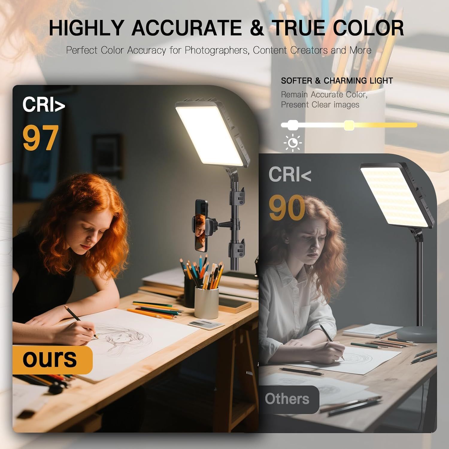 Demonstrates the superior color rendering index (CRI 97) of this lighting product compared to competitors (CRI 90), showing how it delivers more accurate and vibrant colors for photographers and…