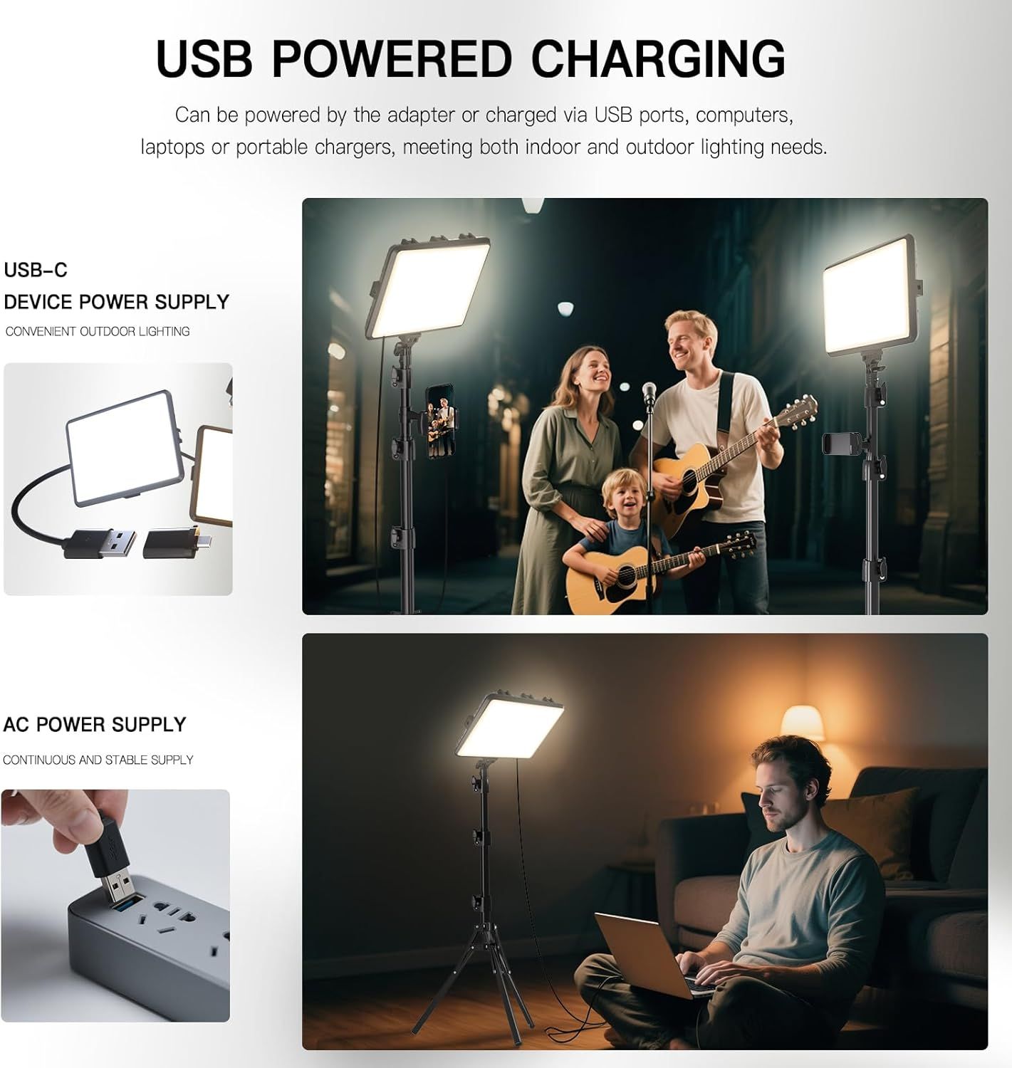 Demonstrates the versatility of the lighting product by showing multiple power options (USB-C and AC) and multiple use scenarios (studio recording with family and home office work), reassuring…