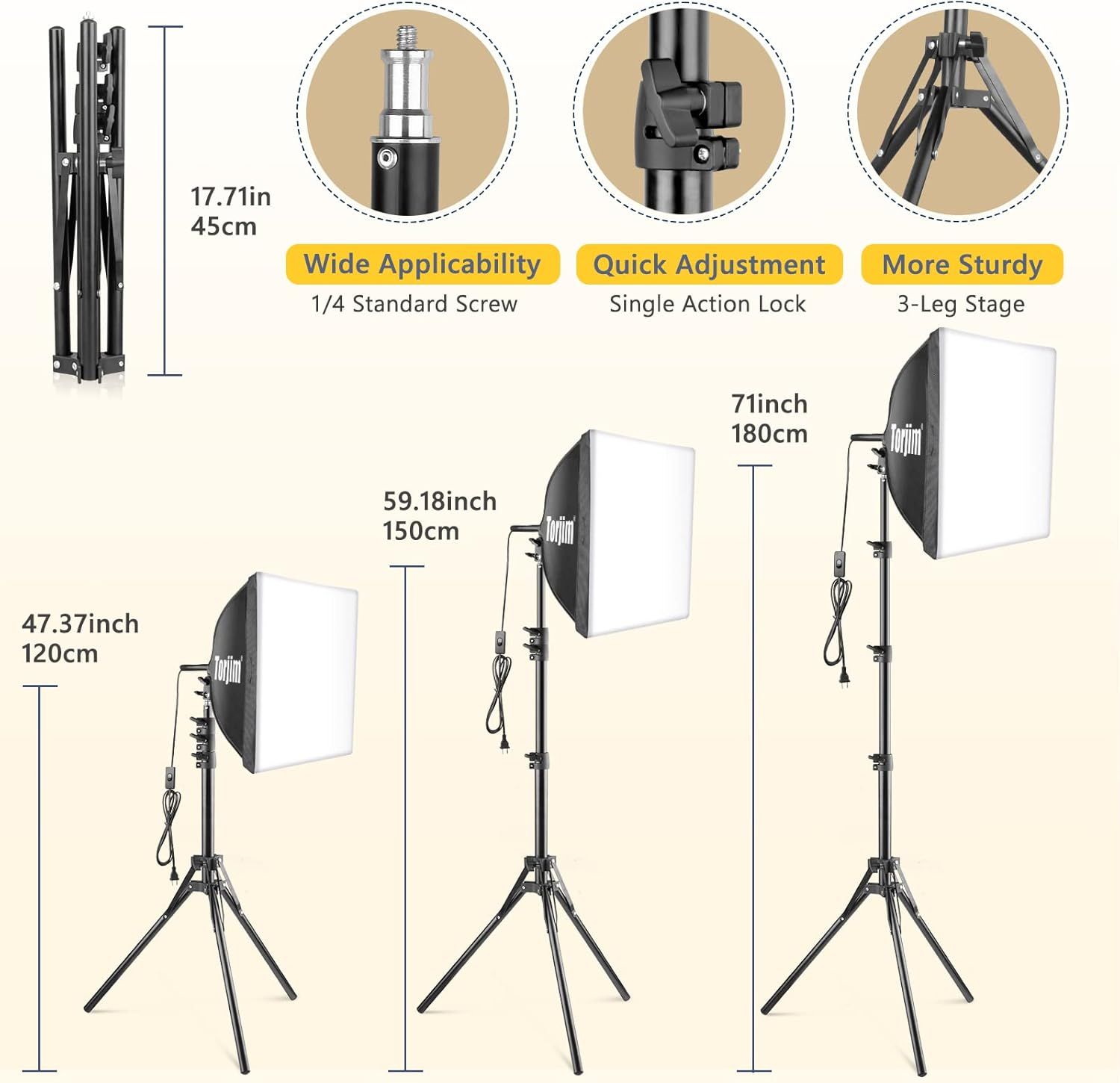 Demonstrates the tripod's adjustable height range (47.37 to 71 inches) and compact folded size (17.71 inches) to help shoppers understand its versatility and portability. Highlights three distinct…