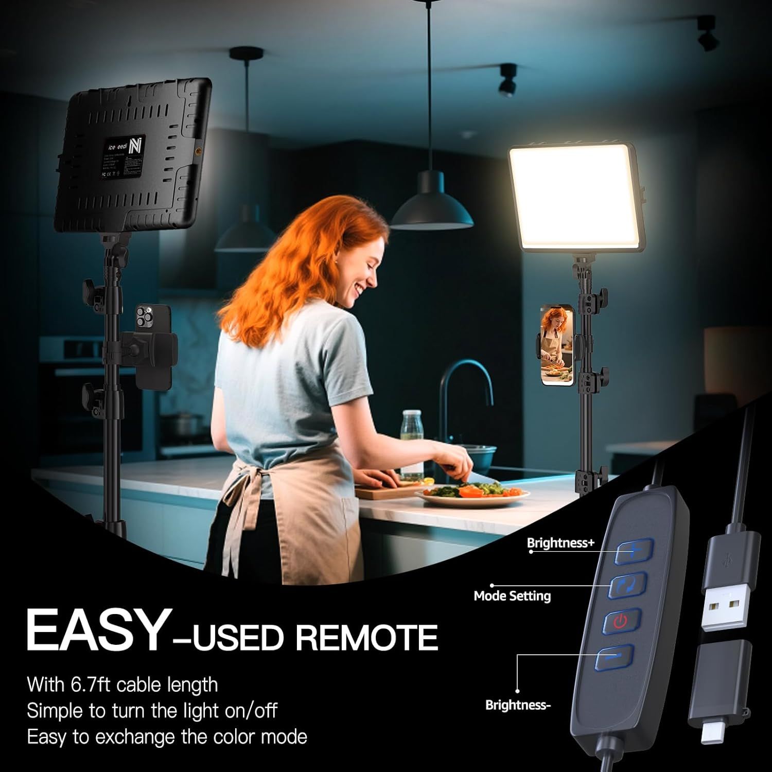 Highlights the convenience of the easy-to-use remote control with 6.7ft cable length, allowing users to adjust brightness and color modes effortlessly while using the lighting product.