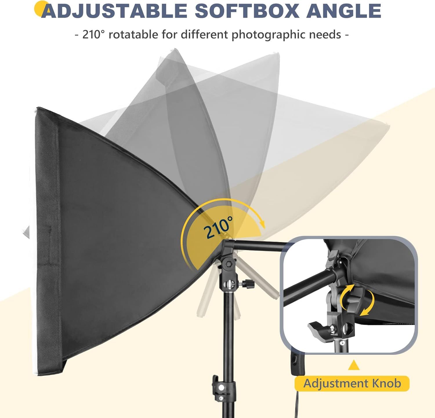 Highlights the physical adjustability mechanism of the softbox, showing the 210-degree rotation capability and the adjustment knob to reassure photographers of its flexibility for different shooting…