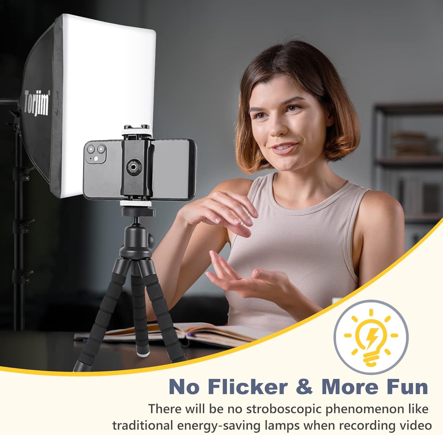 Communicates that the lighting product eliminates flickering during video recording, ensuring smooth, professional-quality content creation without stroboscopic effects.