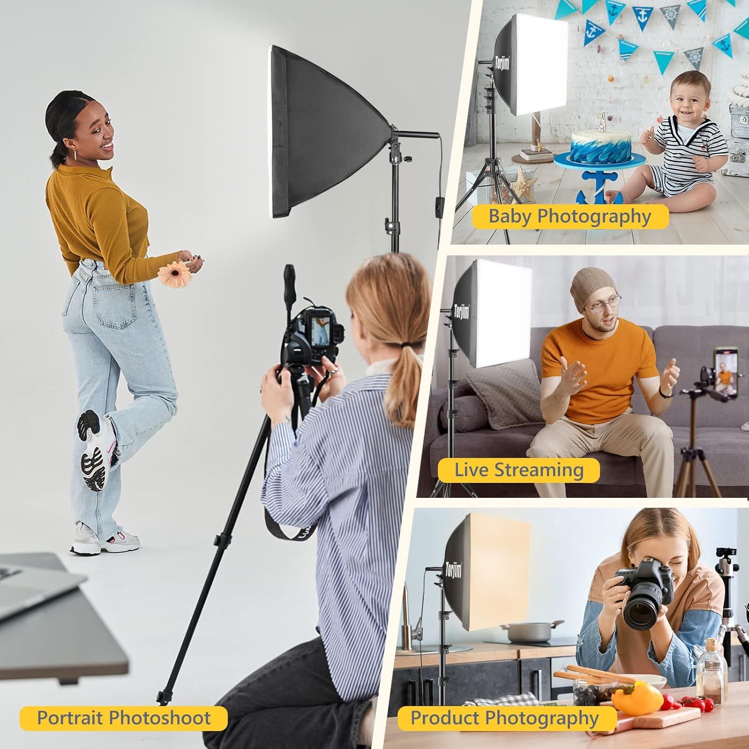 Demonstrates the versatility of the lighting equipment by showing four distinct professional photography and content creation scenarios where the product can be effectively used.