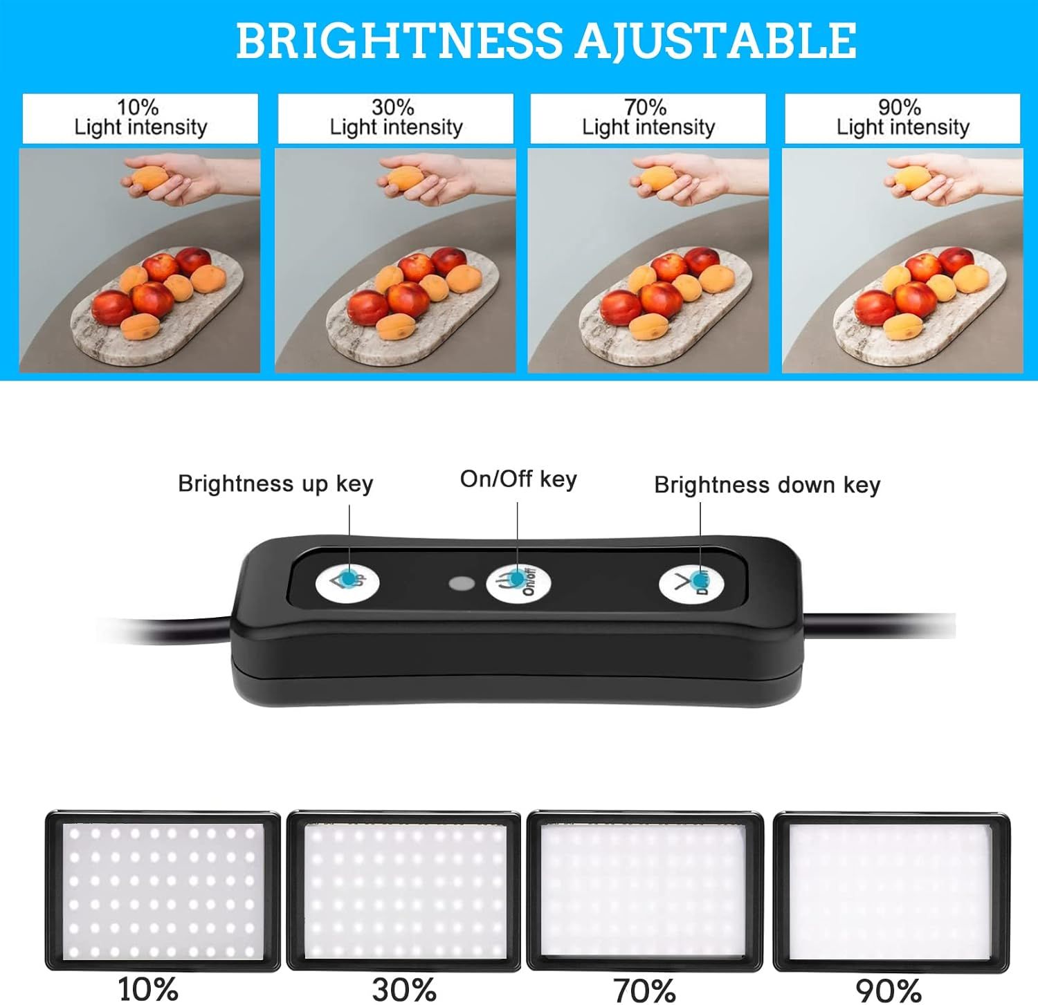 Demonstrates the product's adjustable brightness feature with multiple intensity settings (10%, 30%, 70%, 90%) and shows the control interface with labeled buttons, reassuring shoppers of…