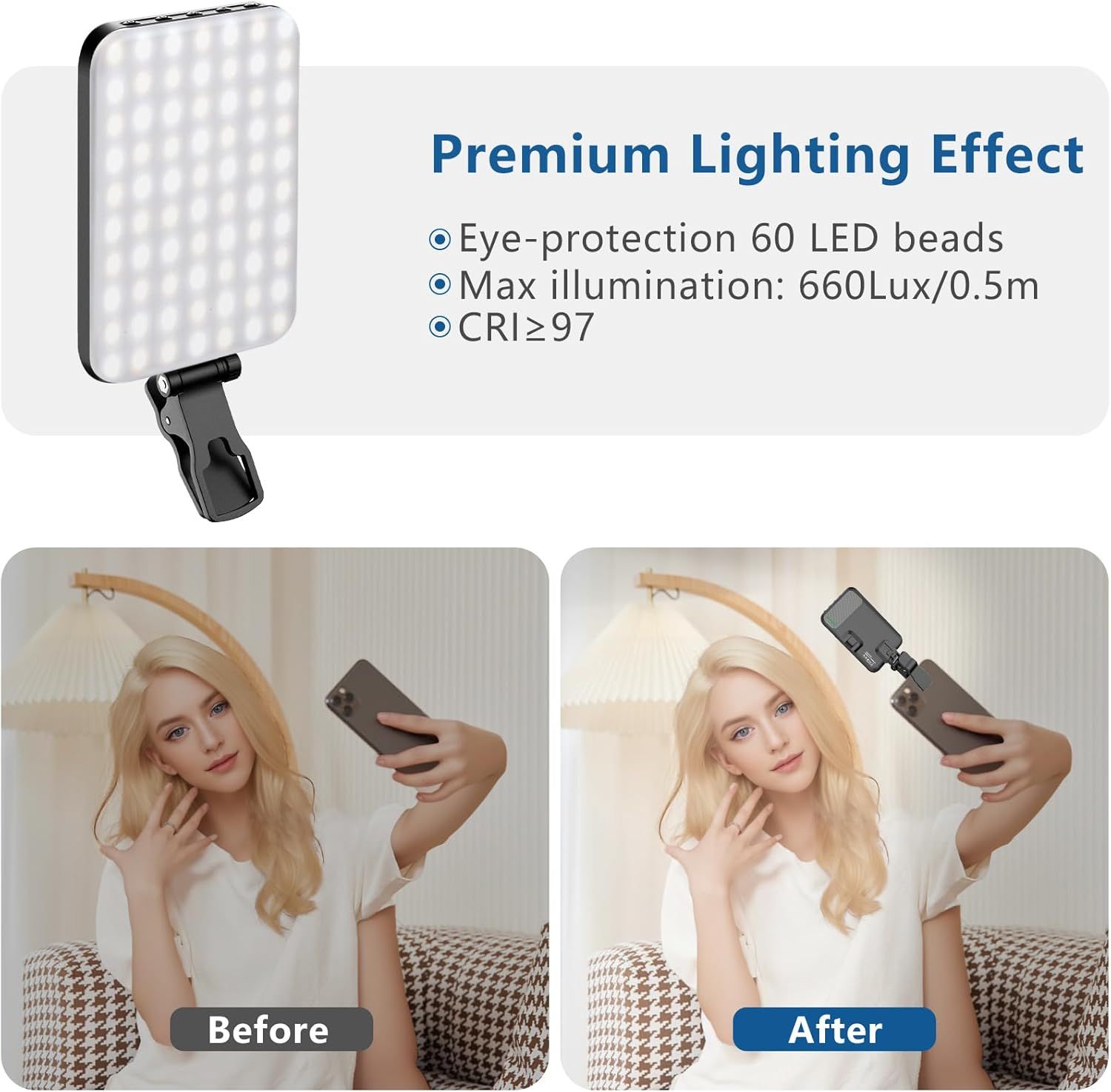Demonstrates the transformation in lighting quality and video appearance when using the LED light panel, showing improved brightness and clarity in the 'After' image to prove the product's…