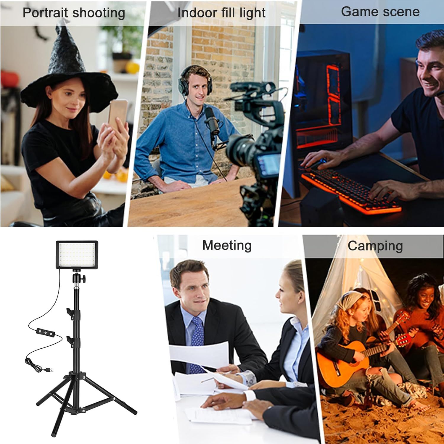 Demonstrates the versatility of the lighting product by showing it can be used across multiple scenarios including portrait photography, video recording, gaming setups, professional meetings, and…