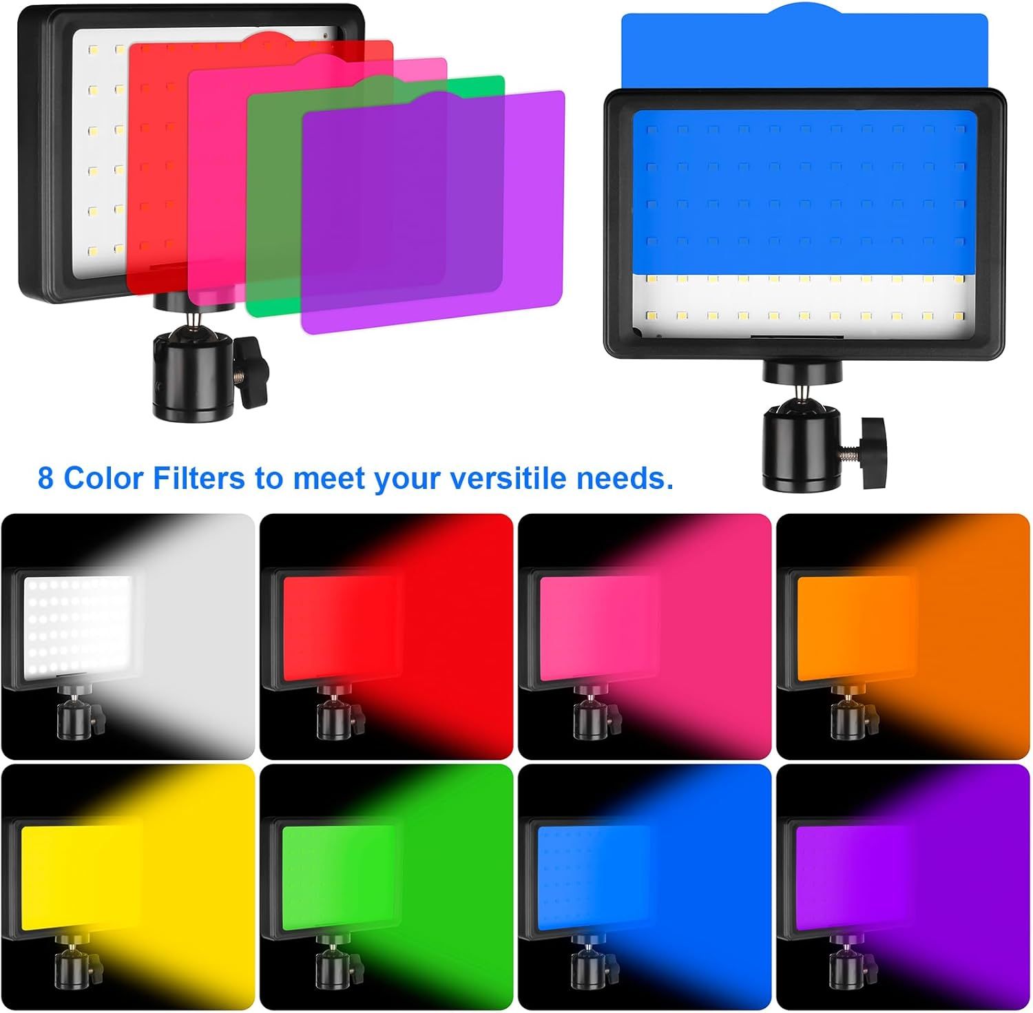 Shows the customer all the color filter options included with the LED light panel, demonstrating the versatility and value of the complete kit. Demonstrates the multiple lighting scenarios and…