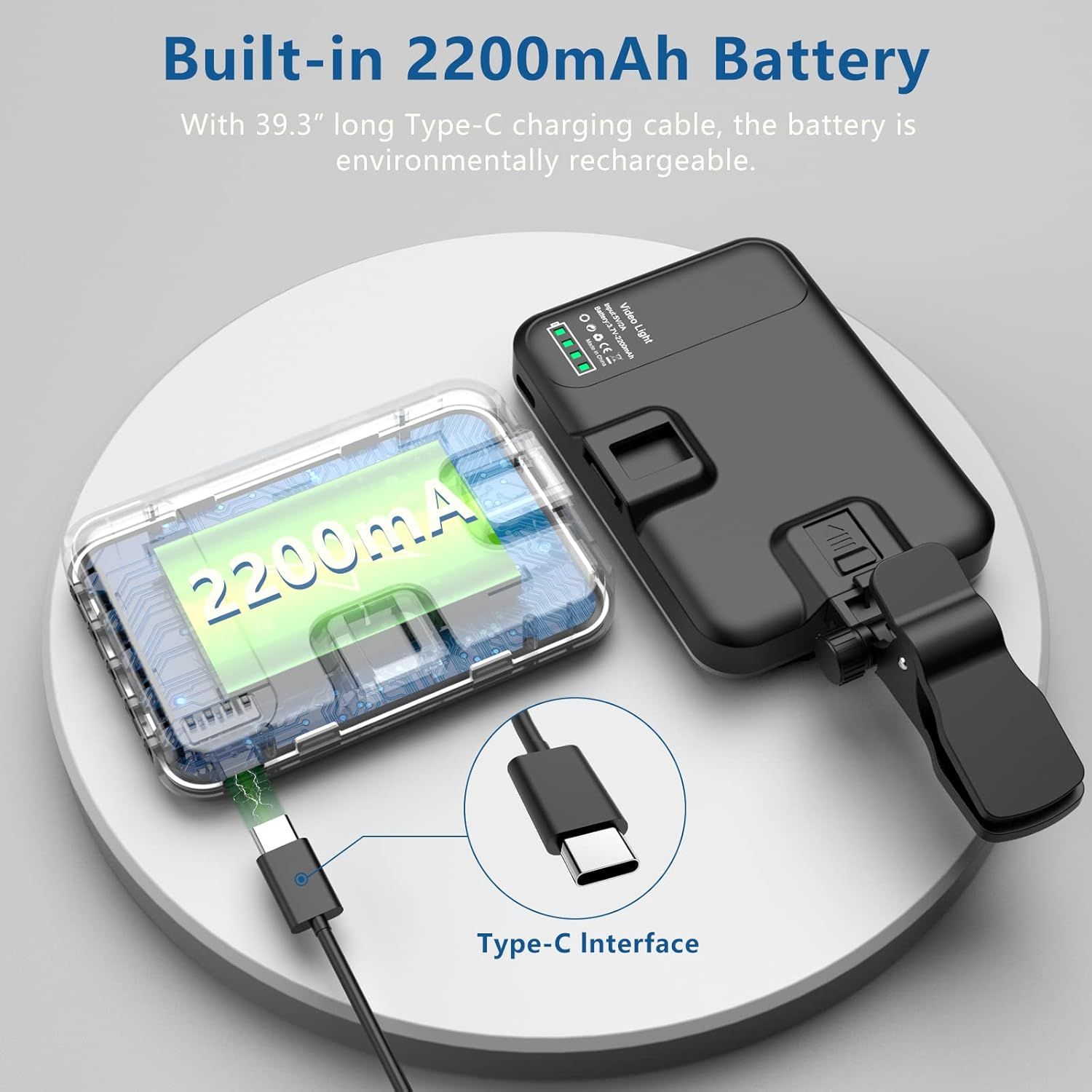 Highlights the product's battery capacity (2200mAh) and cable length (39.3 inches) to communicate long-lasting power and convenient charging reach to shoppers. Communicates the convenience of a…