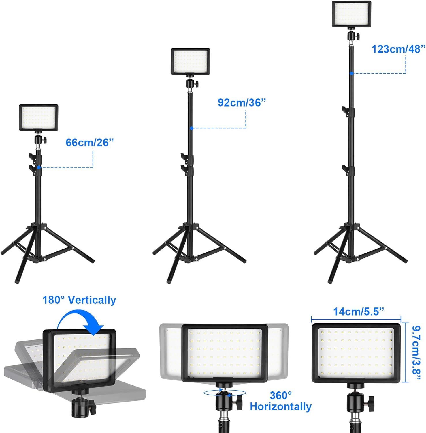 Demonstrates the product's adjustable height range (66cm/26" to 123cm/48"), physical dimensions of the LED panel (14cm x 9.4cm), and rotation capabilities (180° vertical, 360° horizontal) to help…