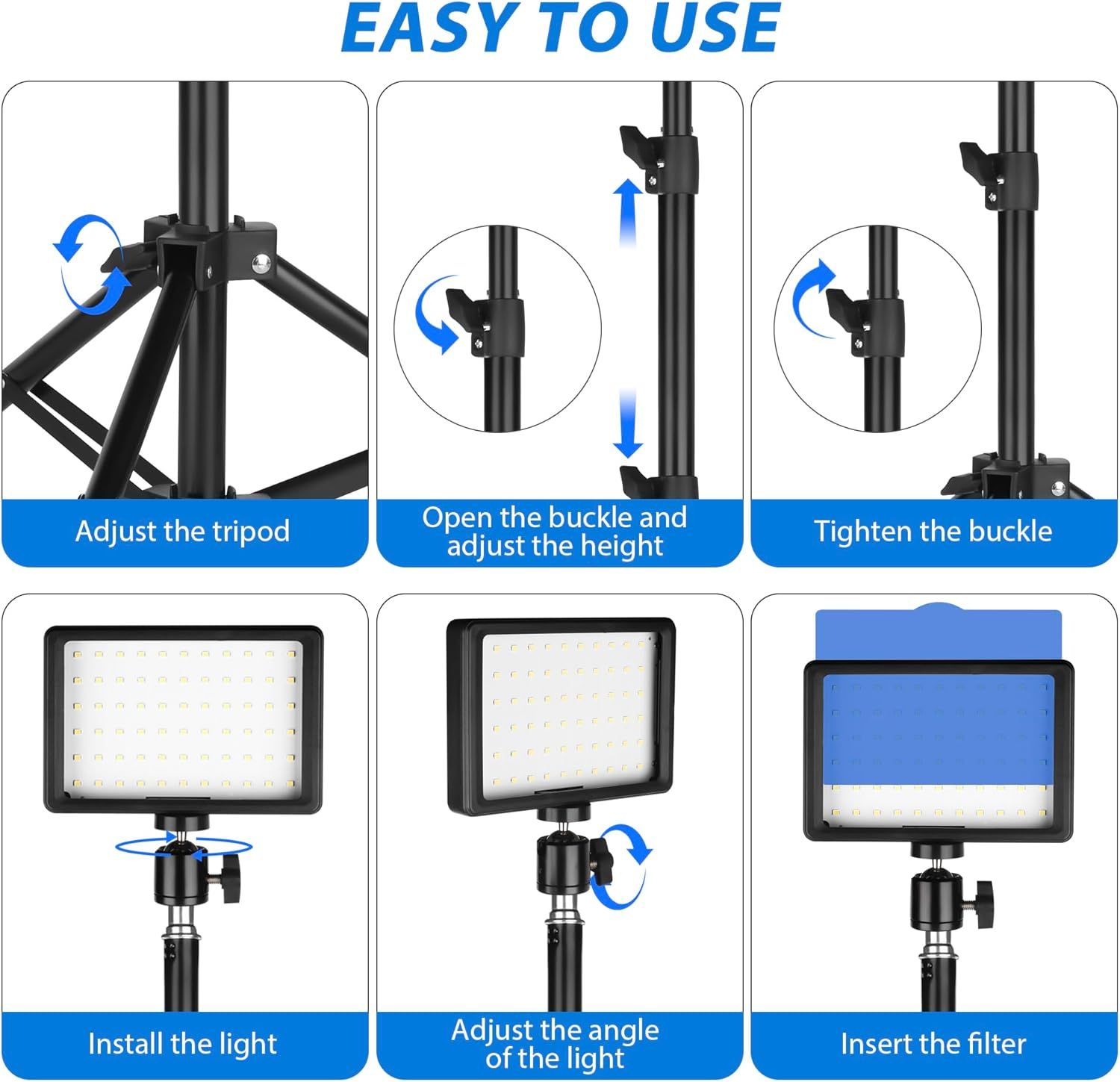 This image provides a clear step-by-step visual guide showing shoppers how to set up and use the lighting equipment, from tripod adjustment to filter installation, reassuring them that the product…
